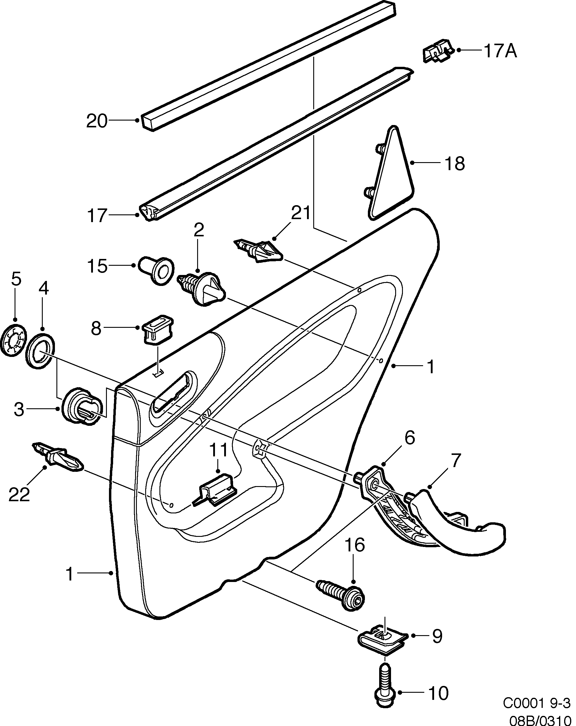 Saab 9-3 (9400) Door panel Rear door diagram