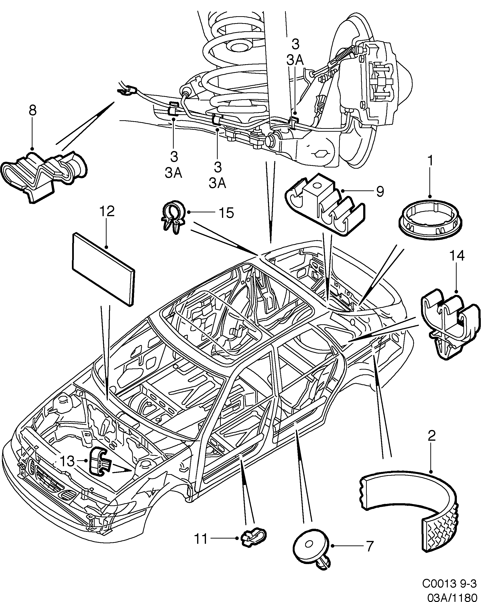 Saab 9-3 (9400) Mounting details Body diagram