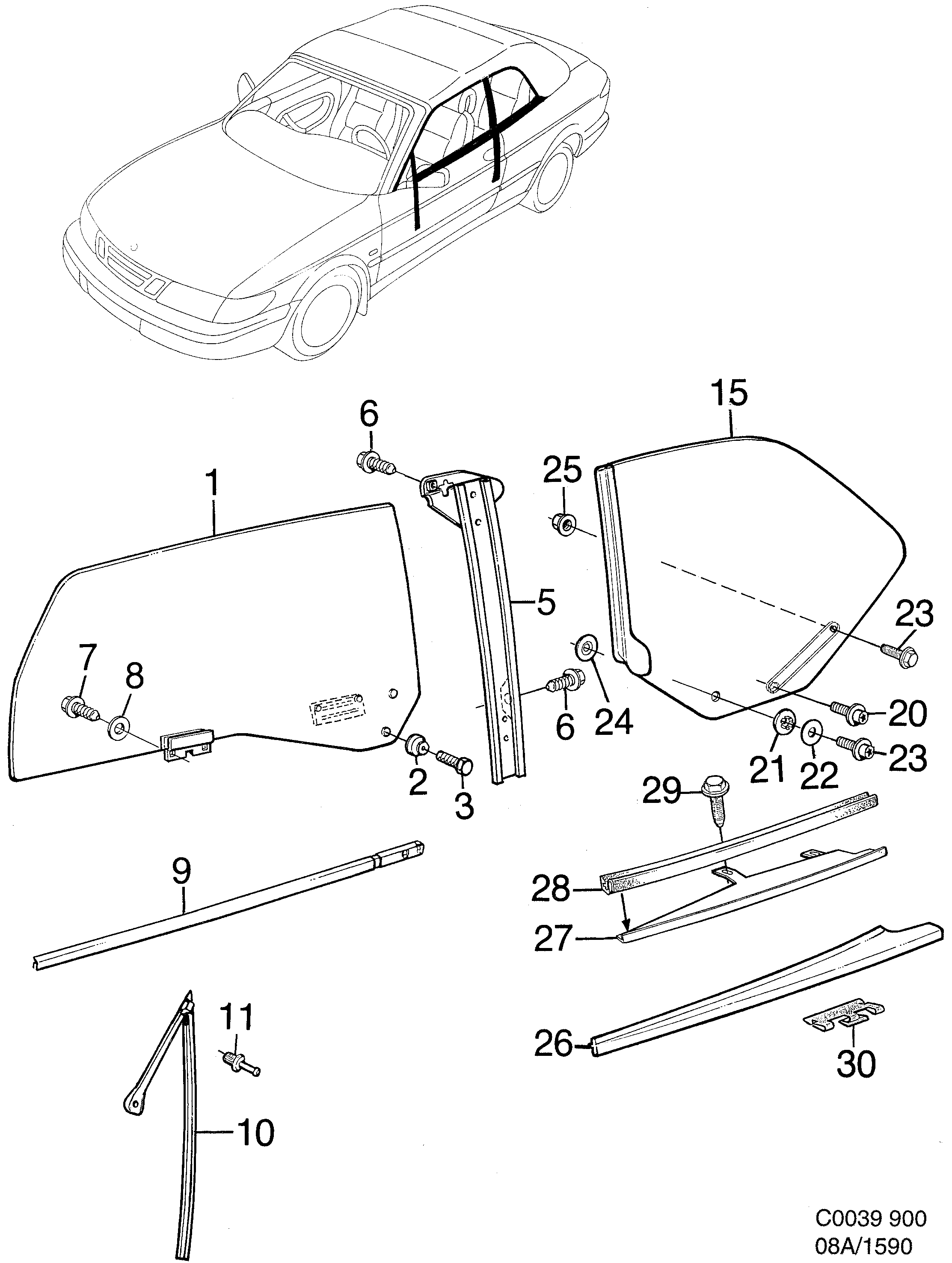 Saab 900 Doors and side windows diagram