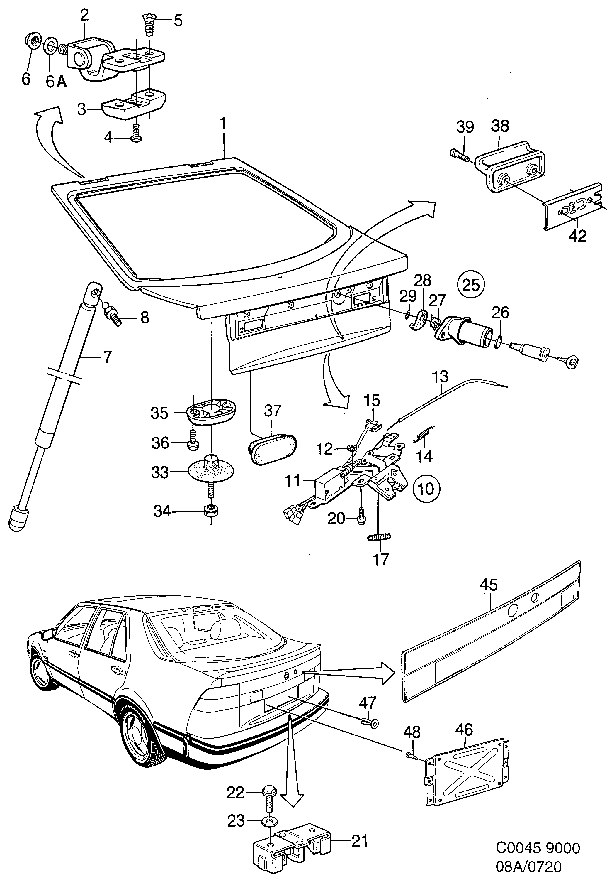 Saab 9000 Trunk door, hinges lock diagram