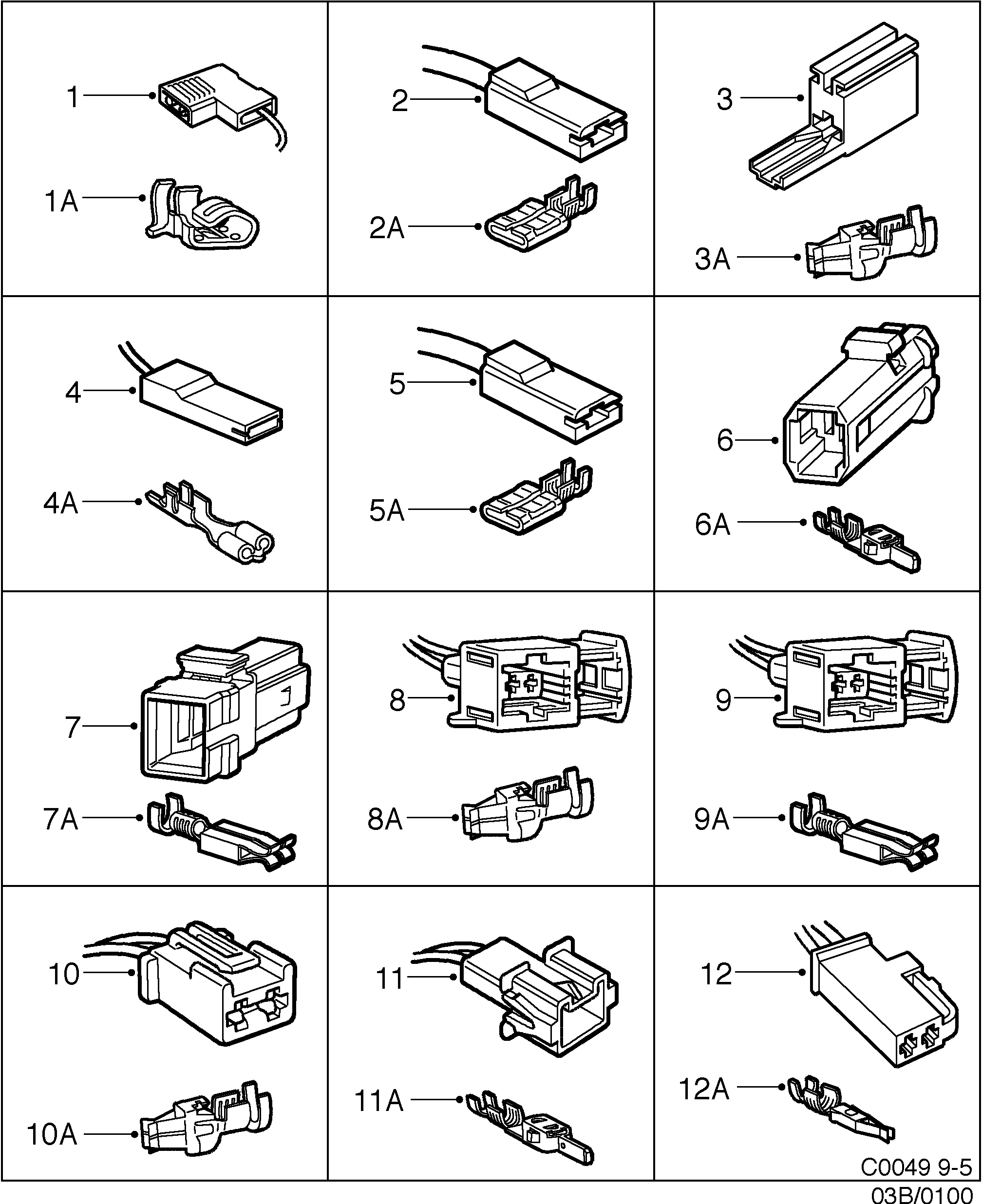Saab 9-5 (9600) Connector housing etc 1-pin-2-pin diagram