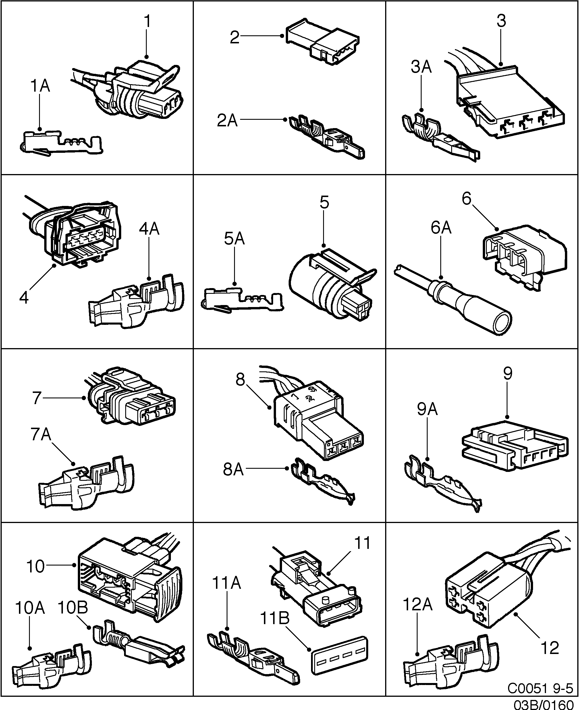 Saab 9-5 (9600) Connector housing etc 2-pin-4-pin diagram
