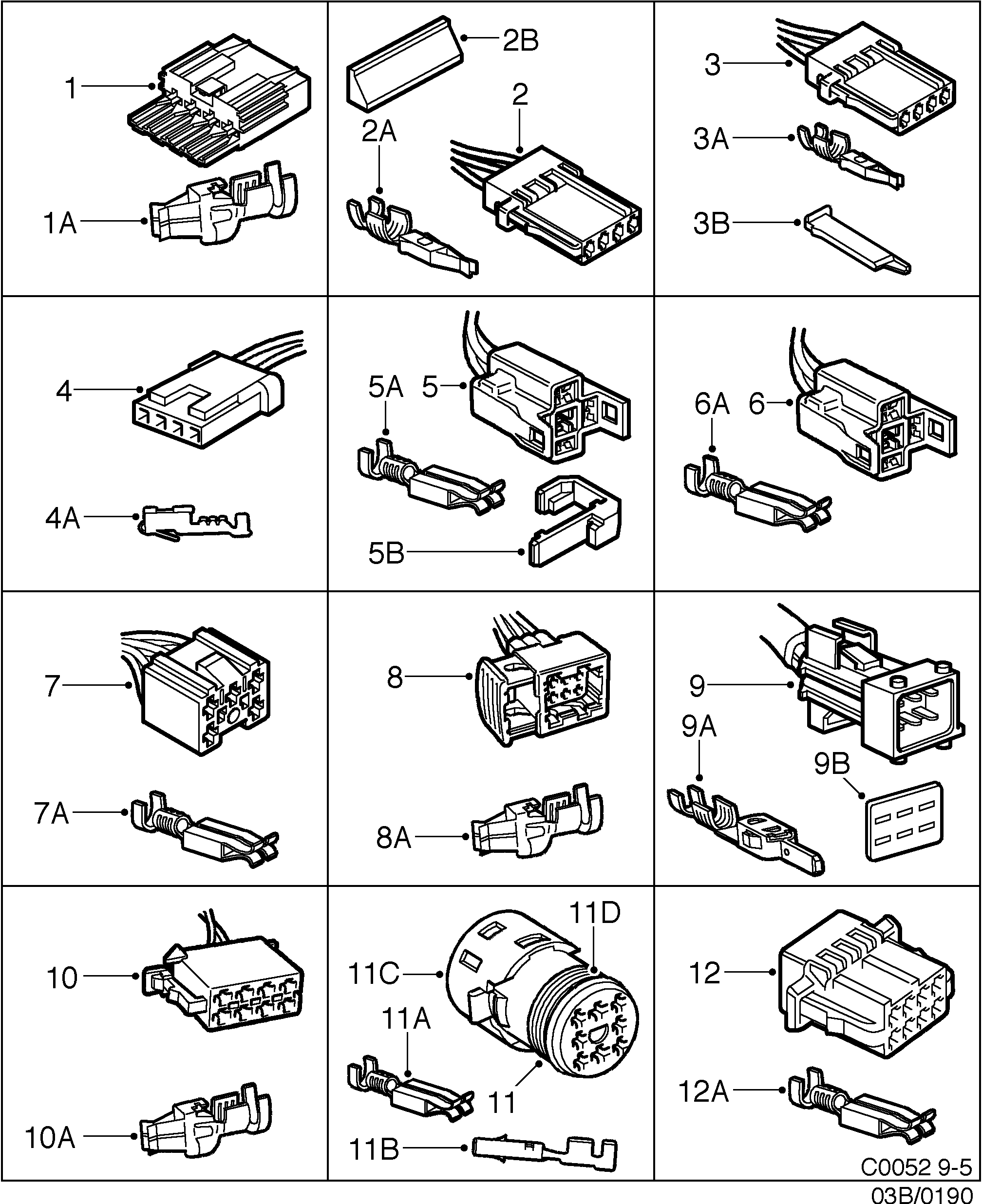 Saab 9-5 (9600) Connector housing etc 4-pin-8-pin diagram