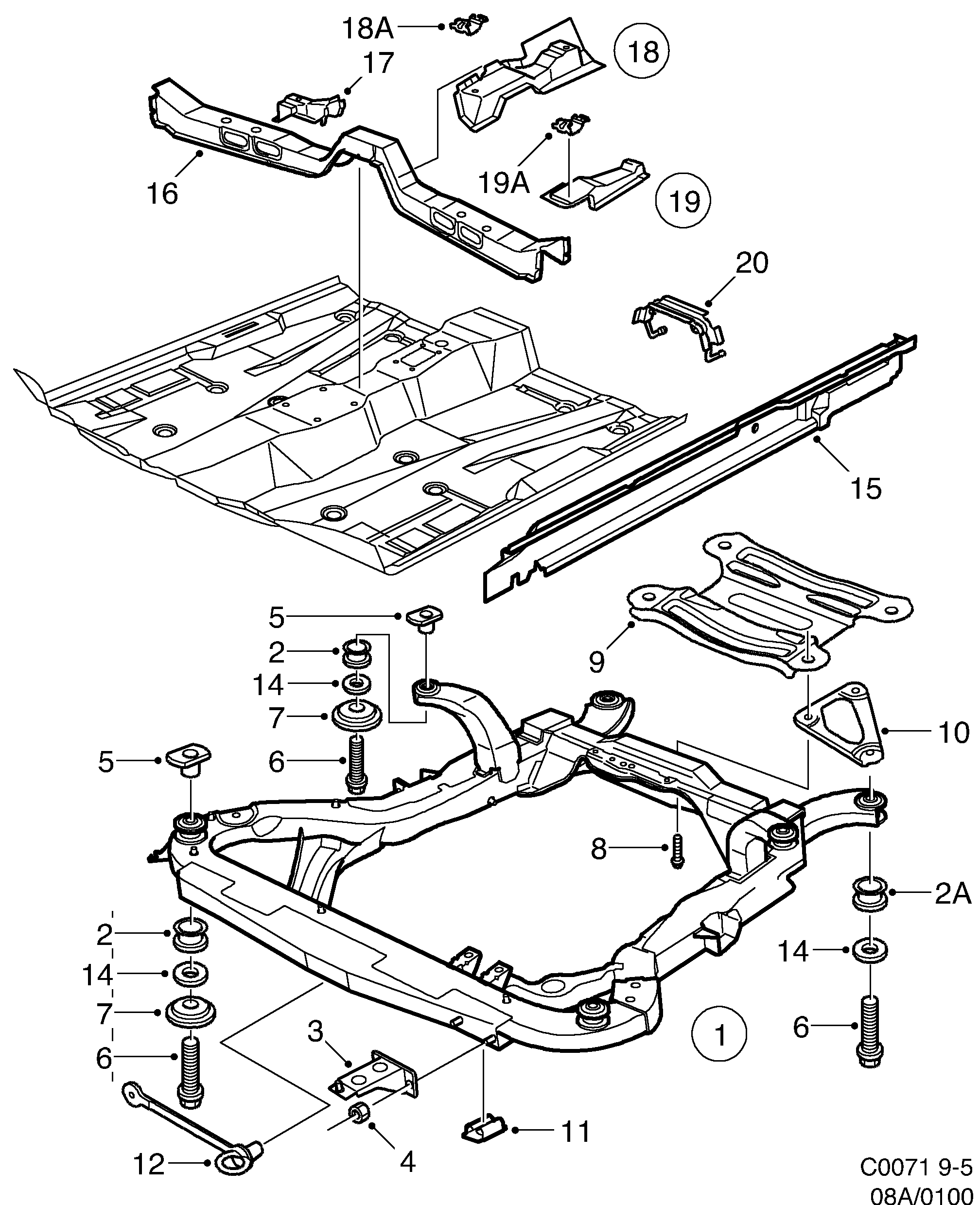Saab 9-5 (9600) Front and centre floor diagram