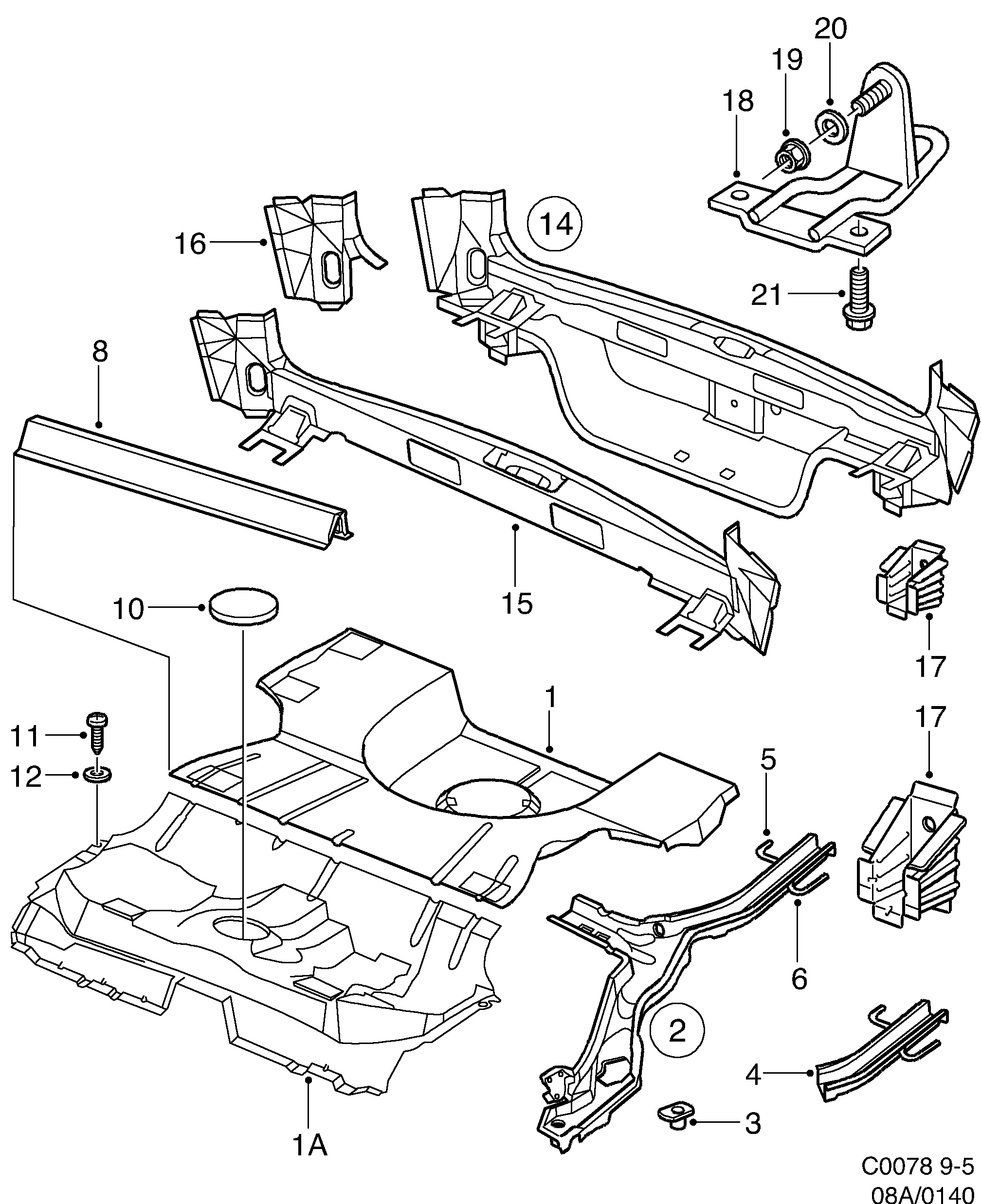 Saab 9-5 (9600) Rear floor diagram