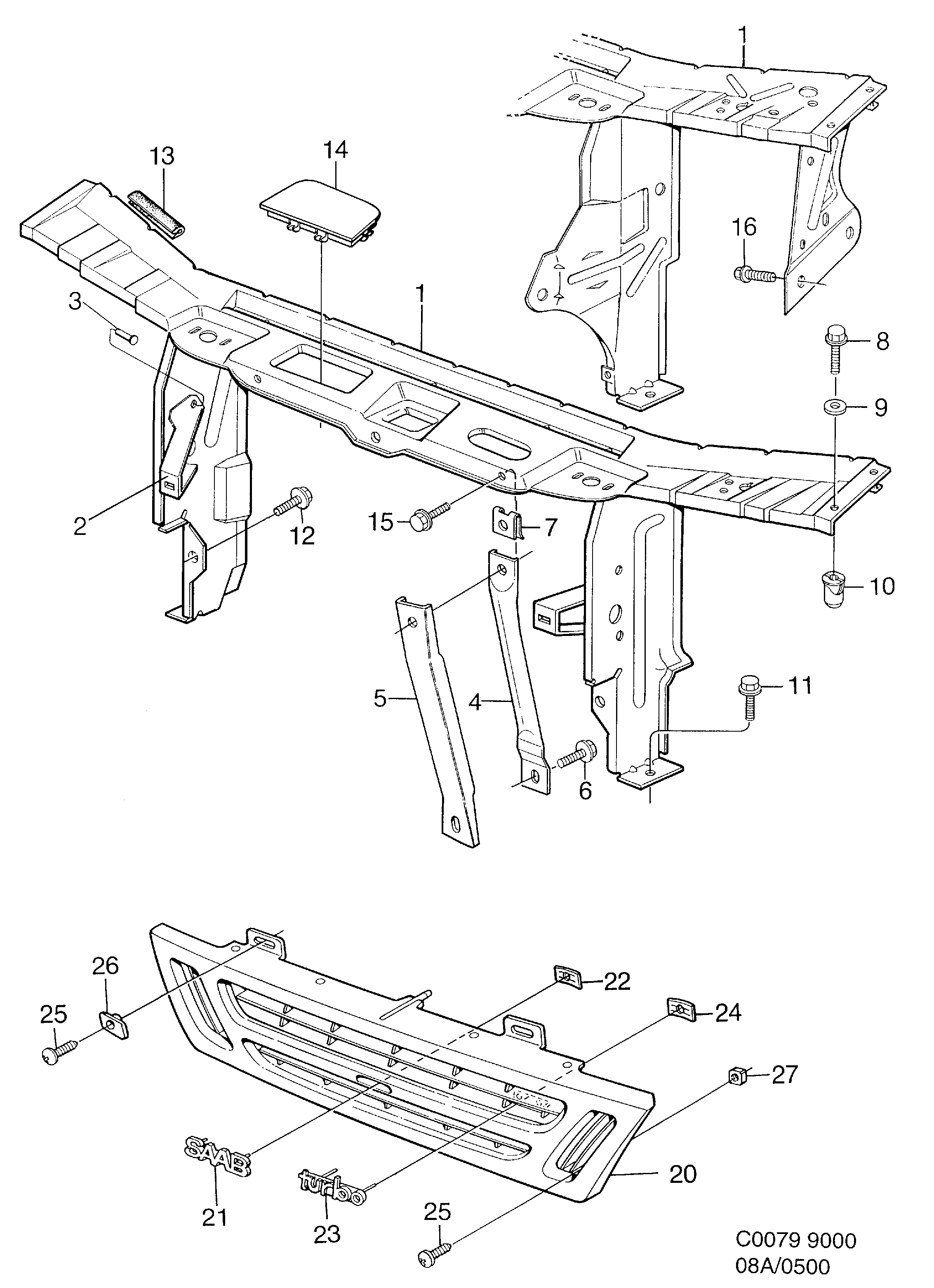 Saab 9000 Front member Grille diagram