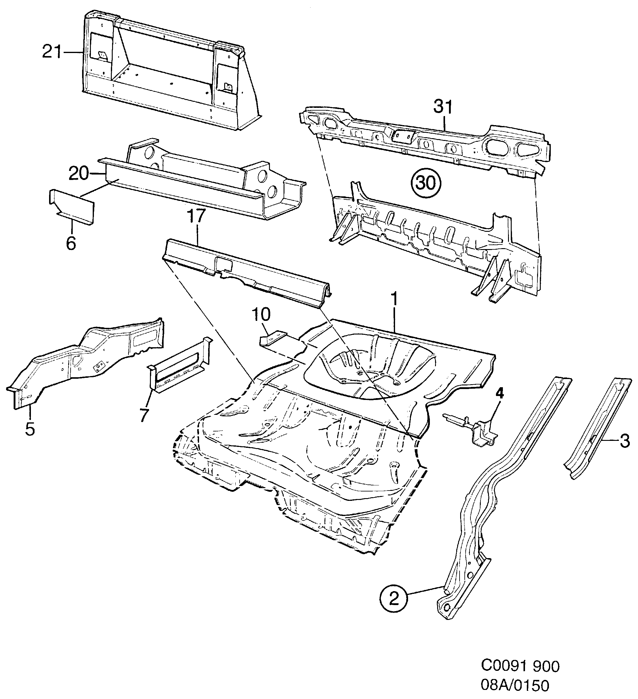 Saab 900 Rear floor diagram