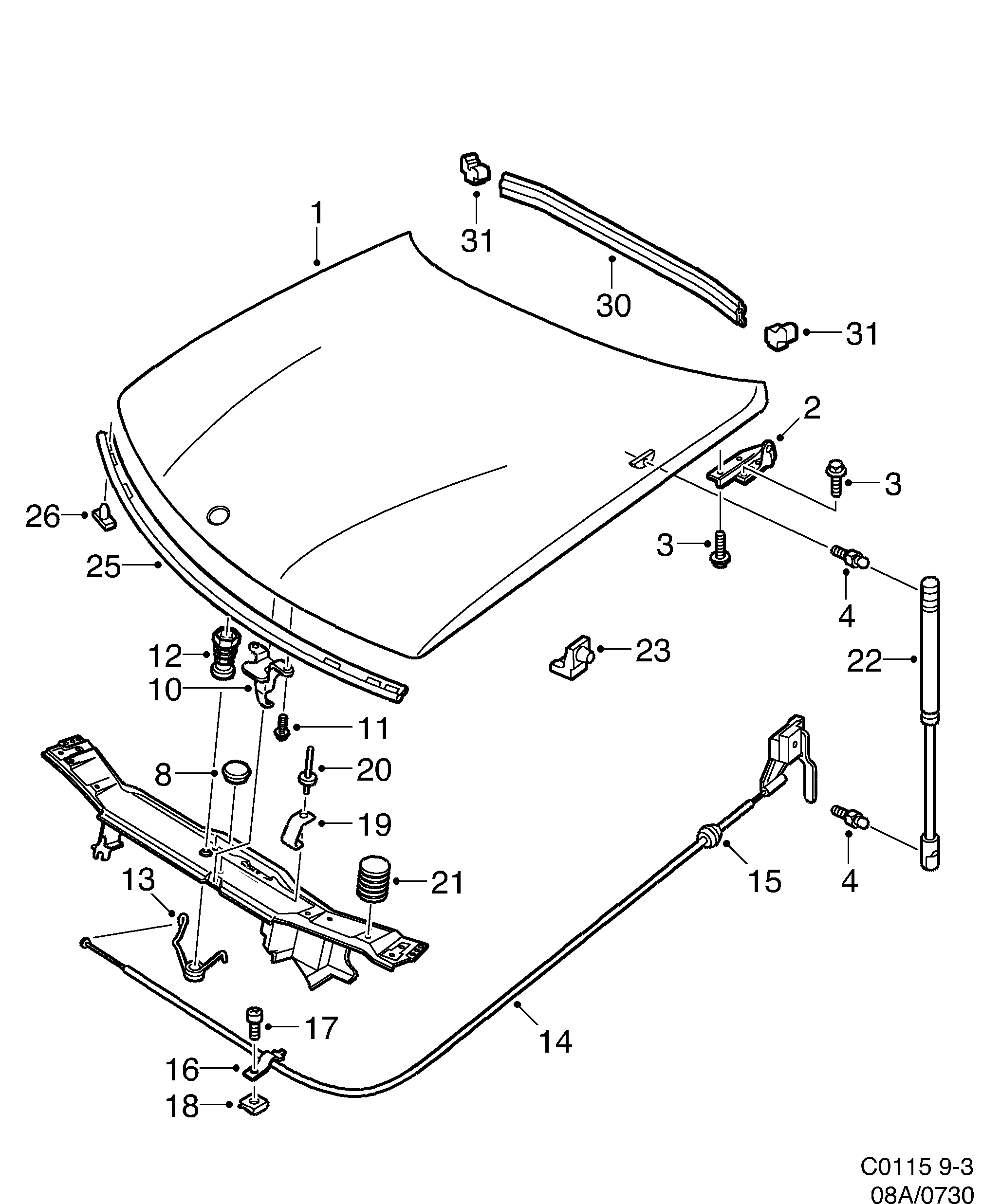 Saab 9-3 (9400) Hood diagram