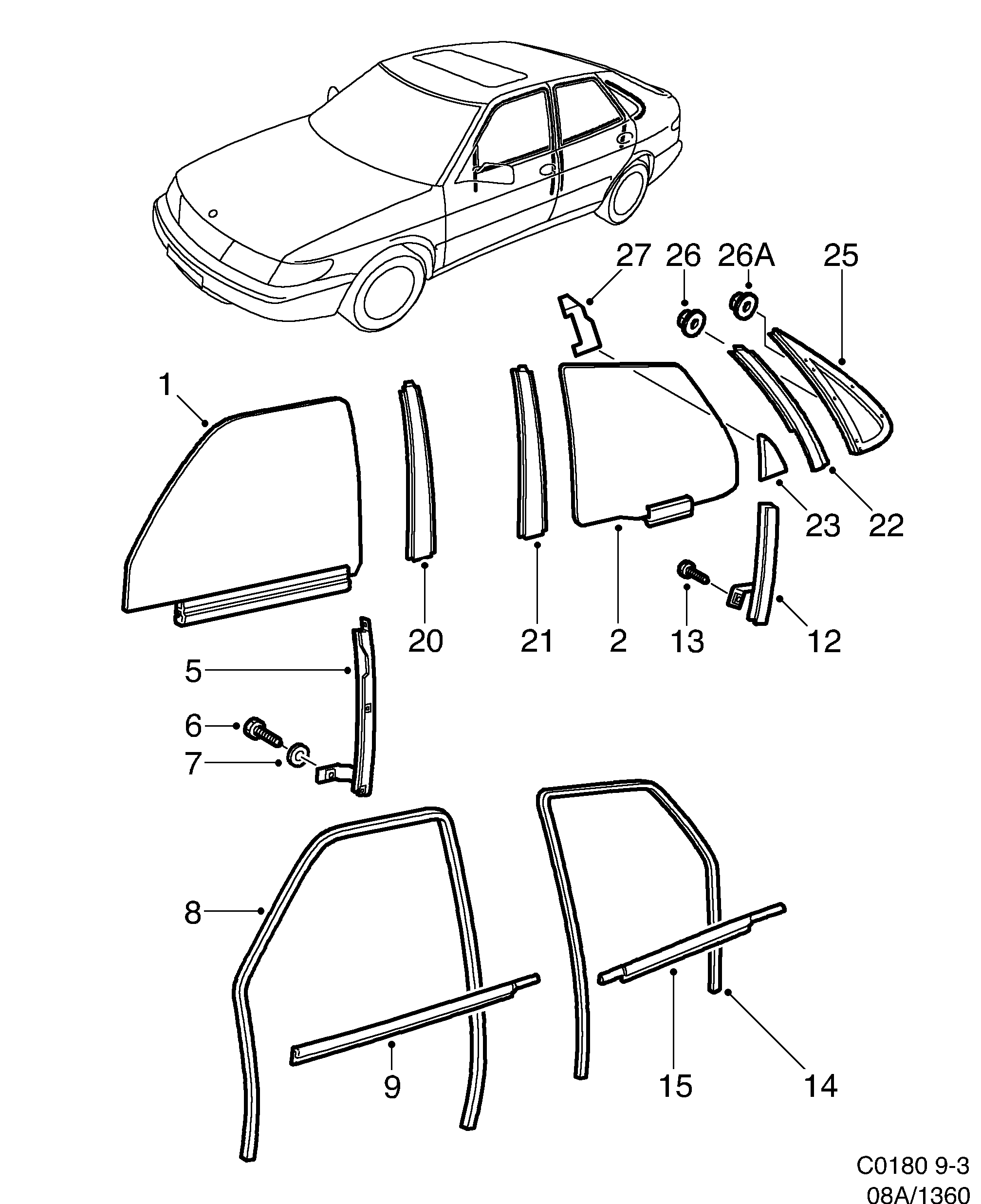 Saab 9-3 (9400) Doors and side windows diagram