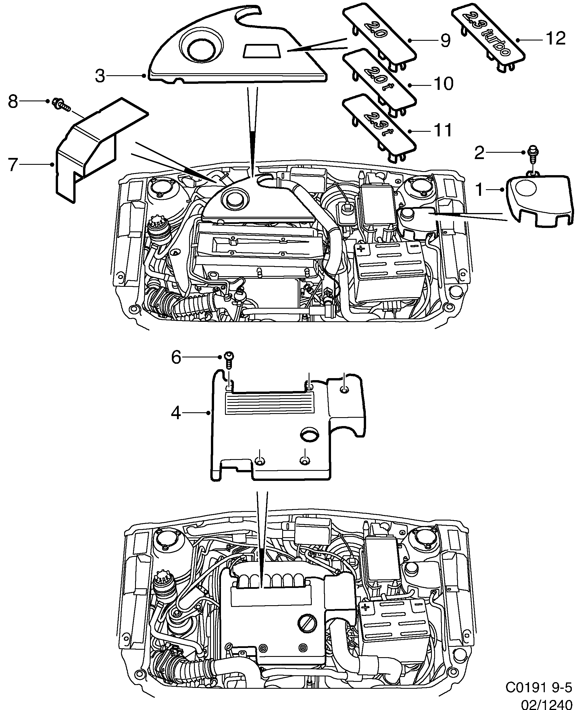 Saab 9-5 (9600) Engine bay cover diagram