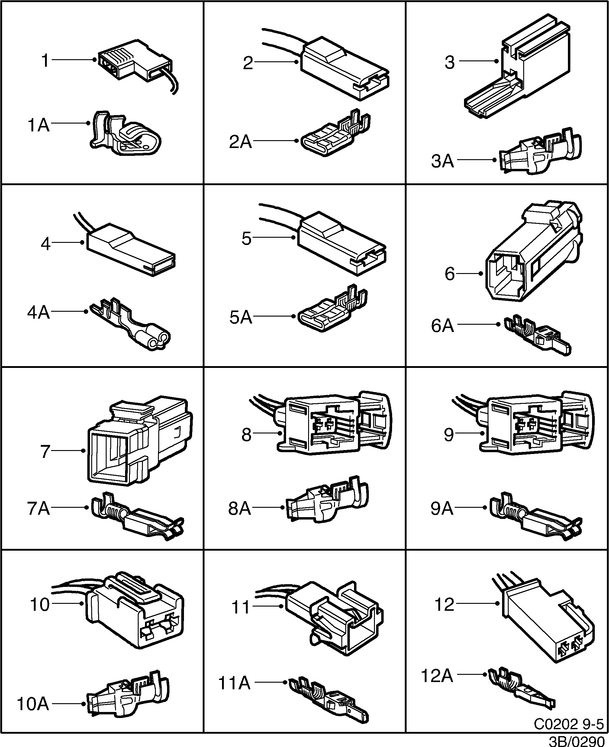 Saab 9-5 (9600) Connector housing etc 1-pin-2-pin diagram
