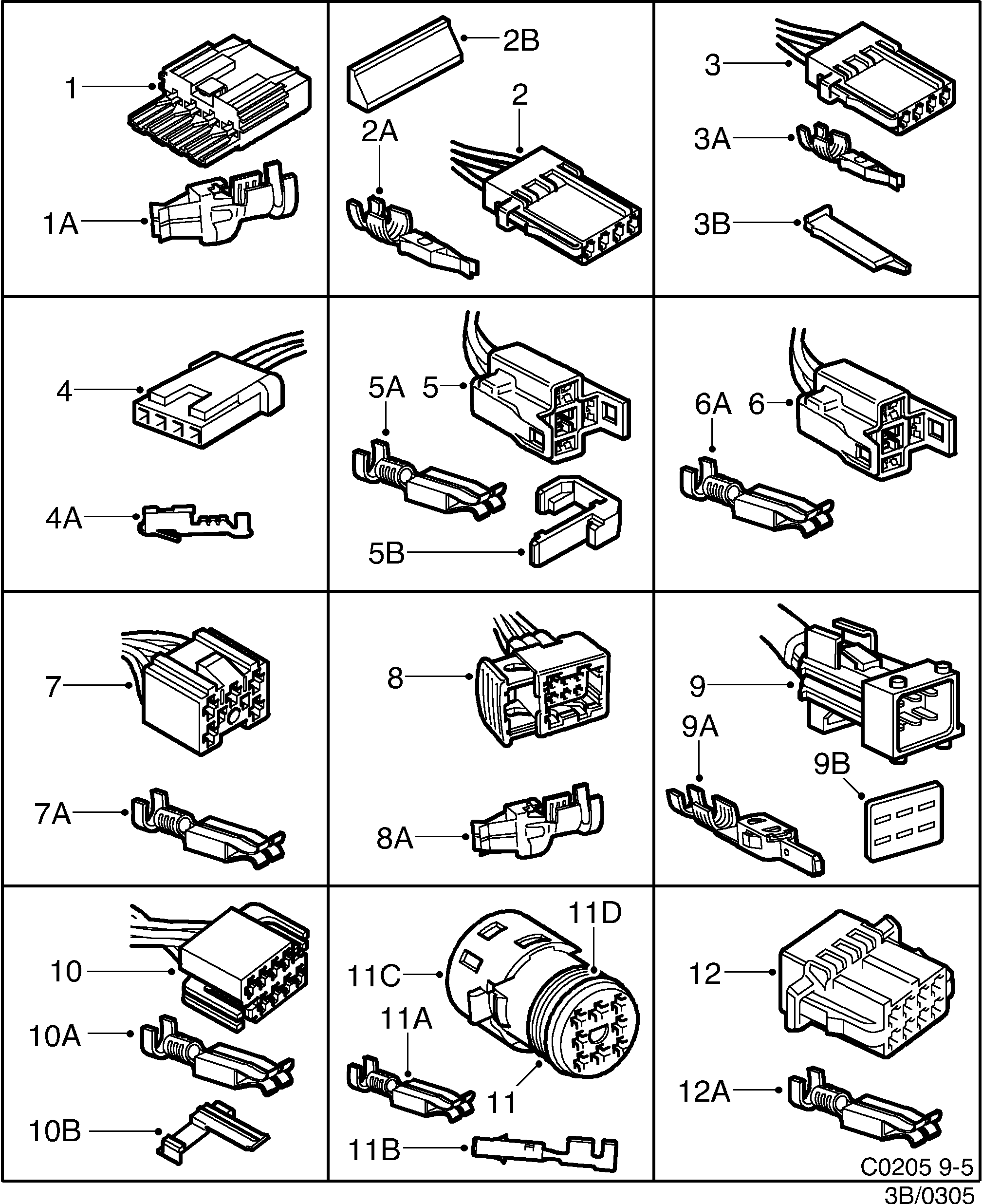 Saab 9-5 (9600) Connector housing etc 4-pin-8-pin diagram