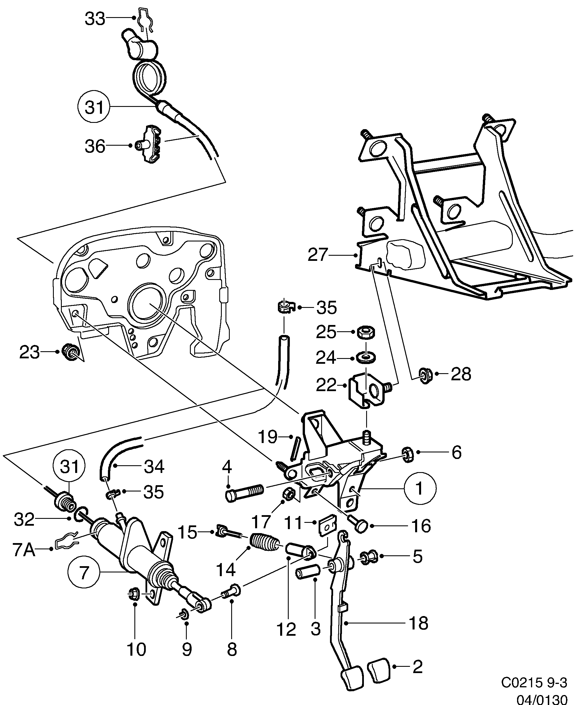 Saab 9-3 (9400) Clutch pedal diagram