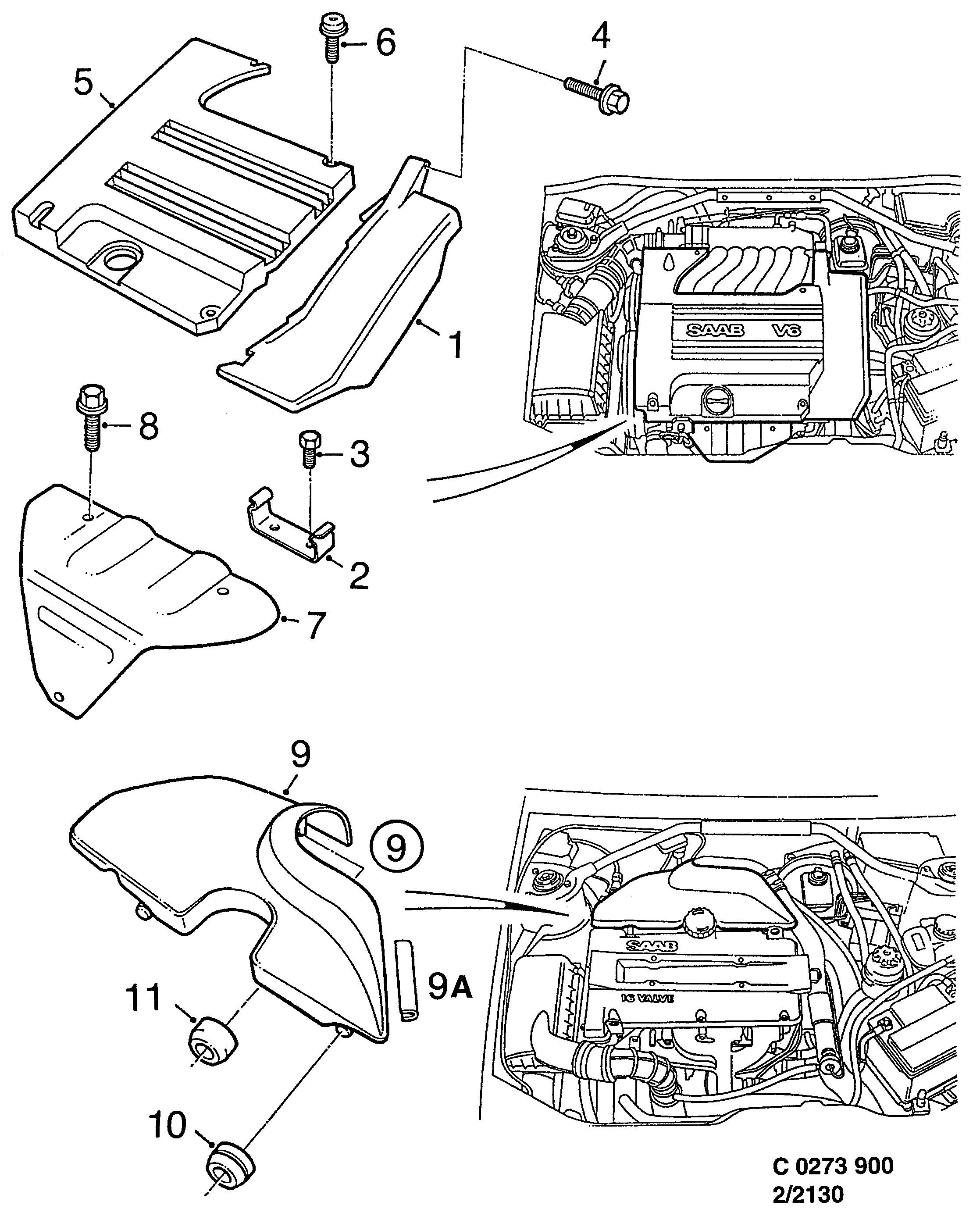 Saab 900 Engine bay cover diagram