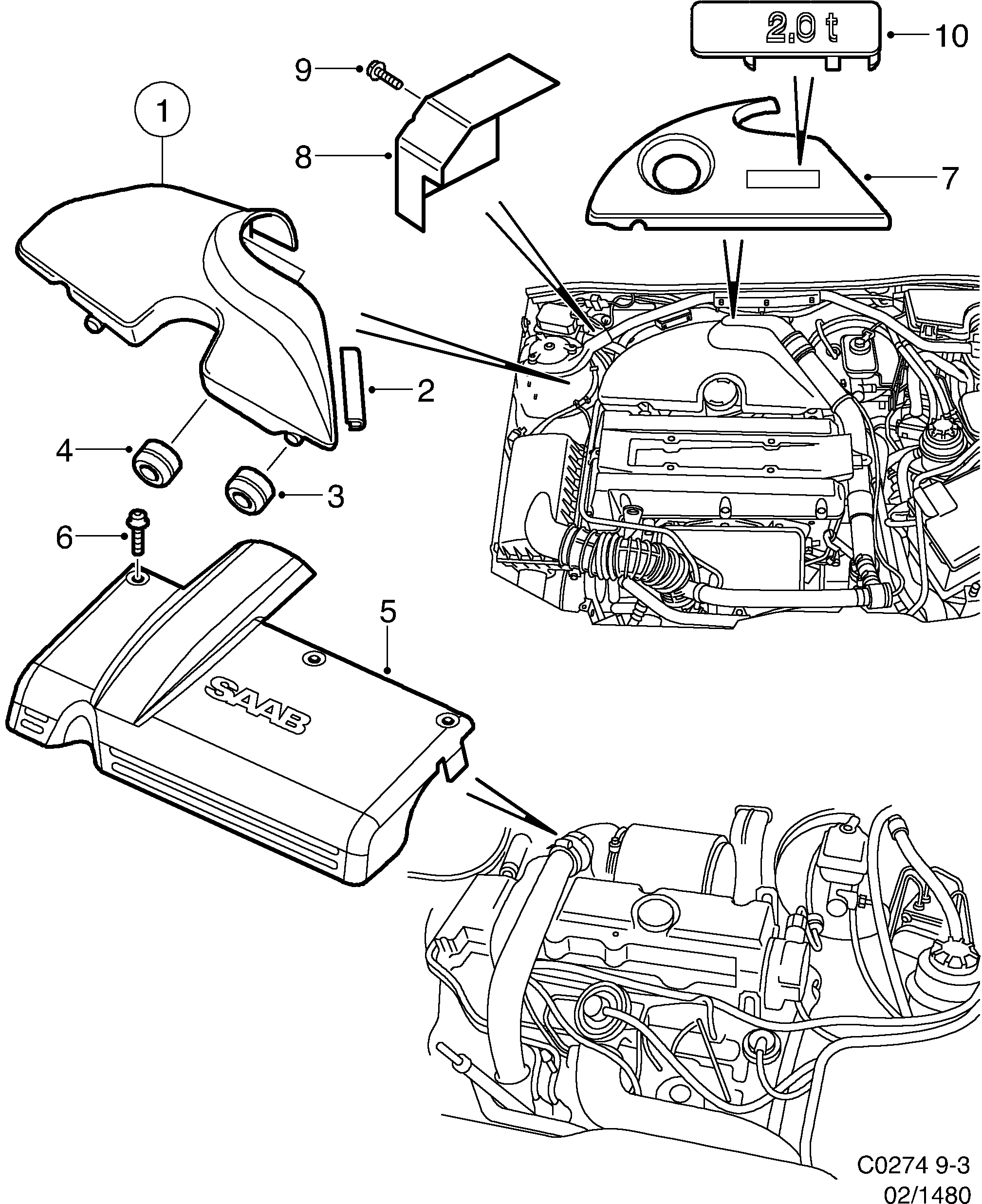 Saab 9-3 (9400) Engine bay cover diagram