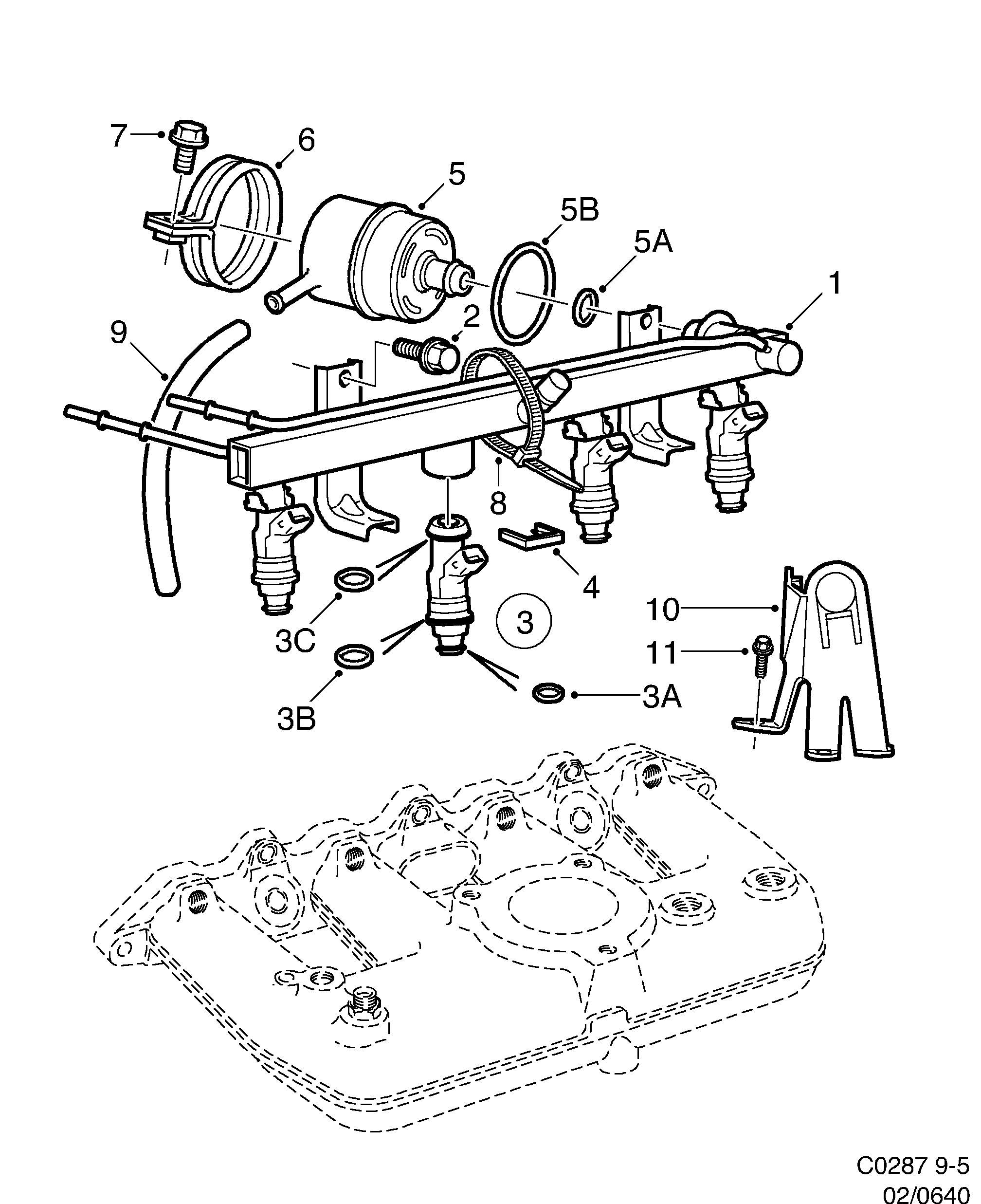 Saab 9-5 (9600) Fuel rail diagram