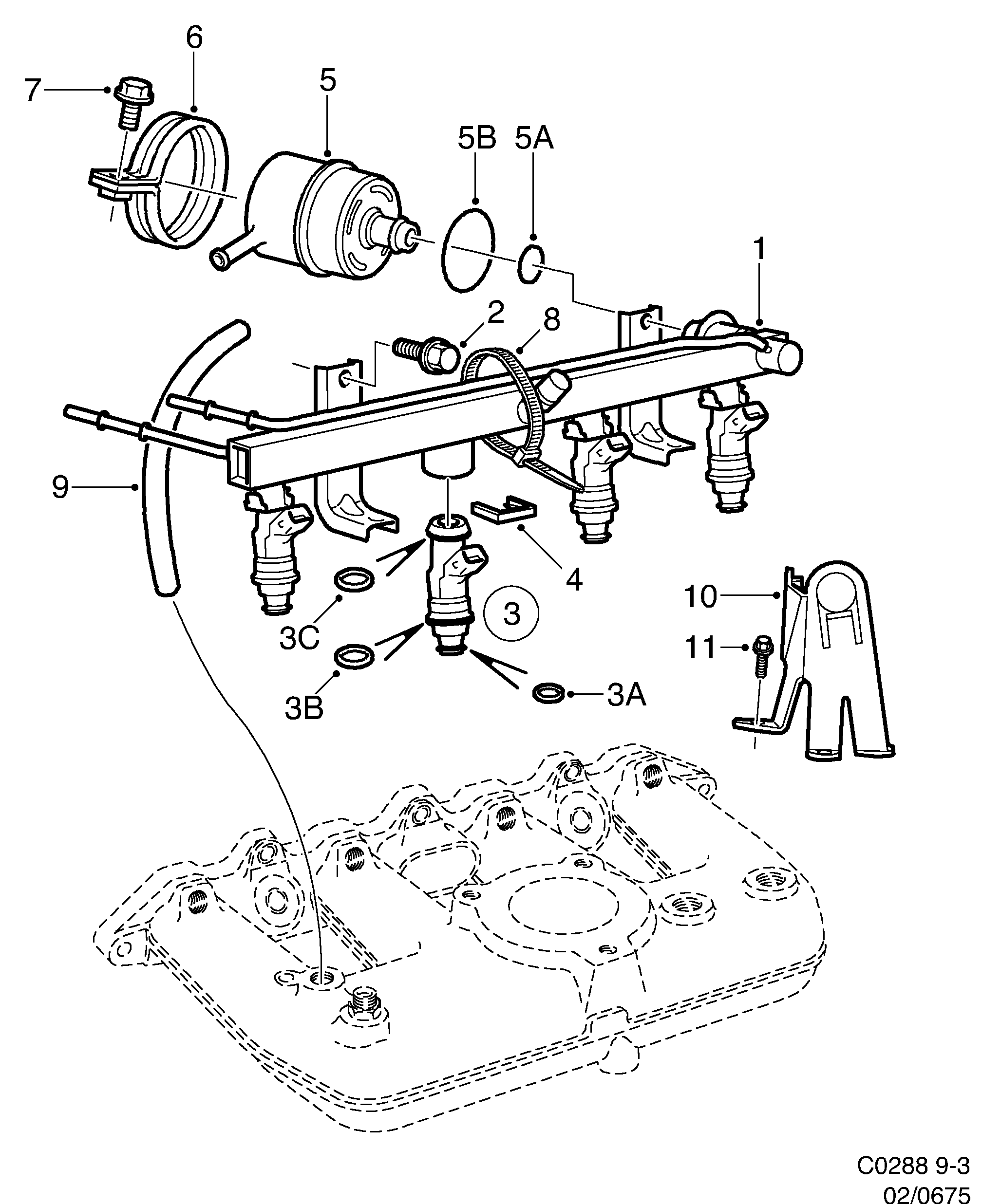 Saab 9-3 (9400) Fuel rail diagram