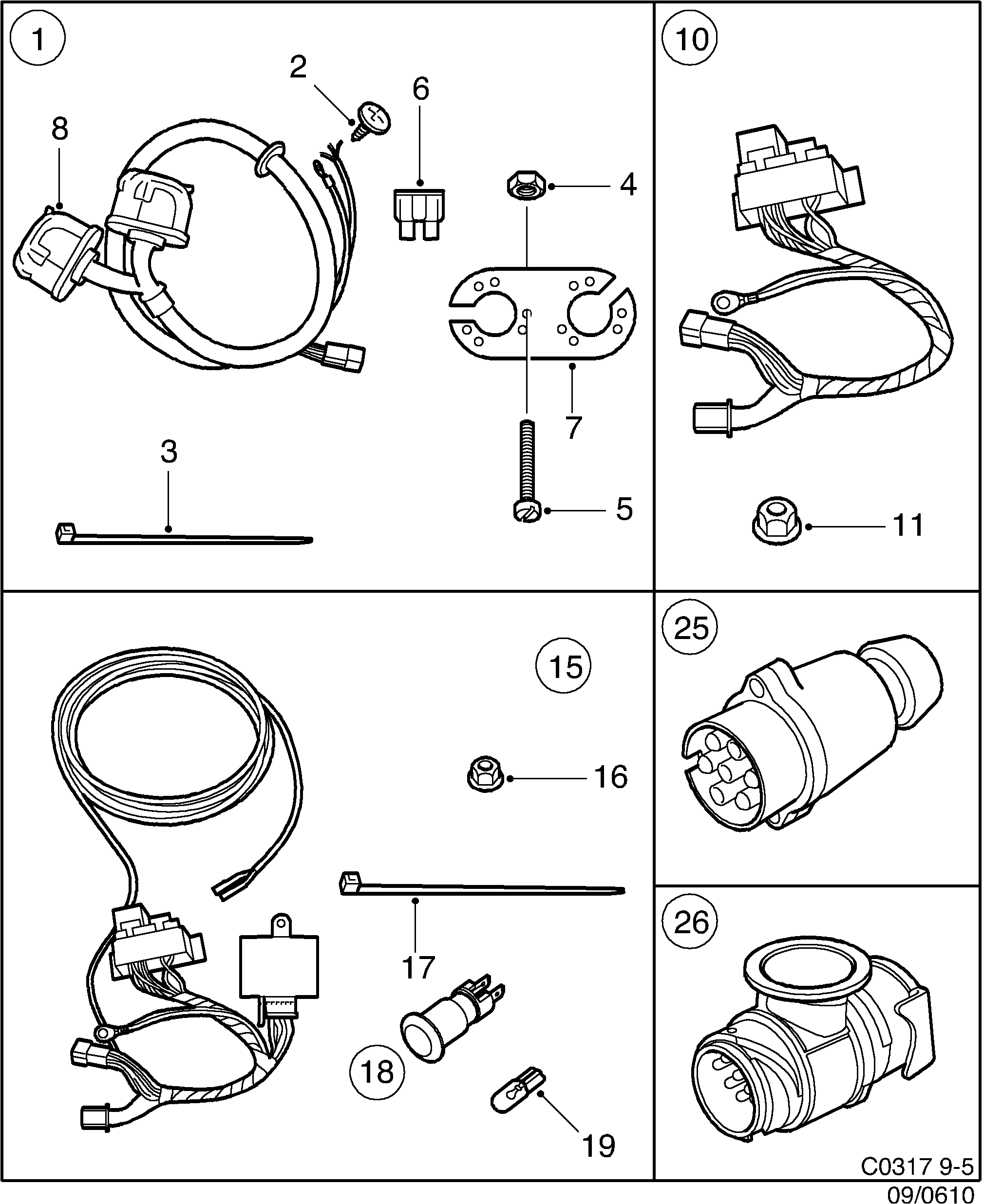 Saab 9-5 (9600) Cable harness kit Rear hitch diagram