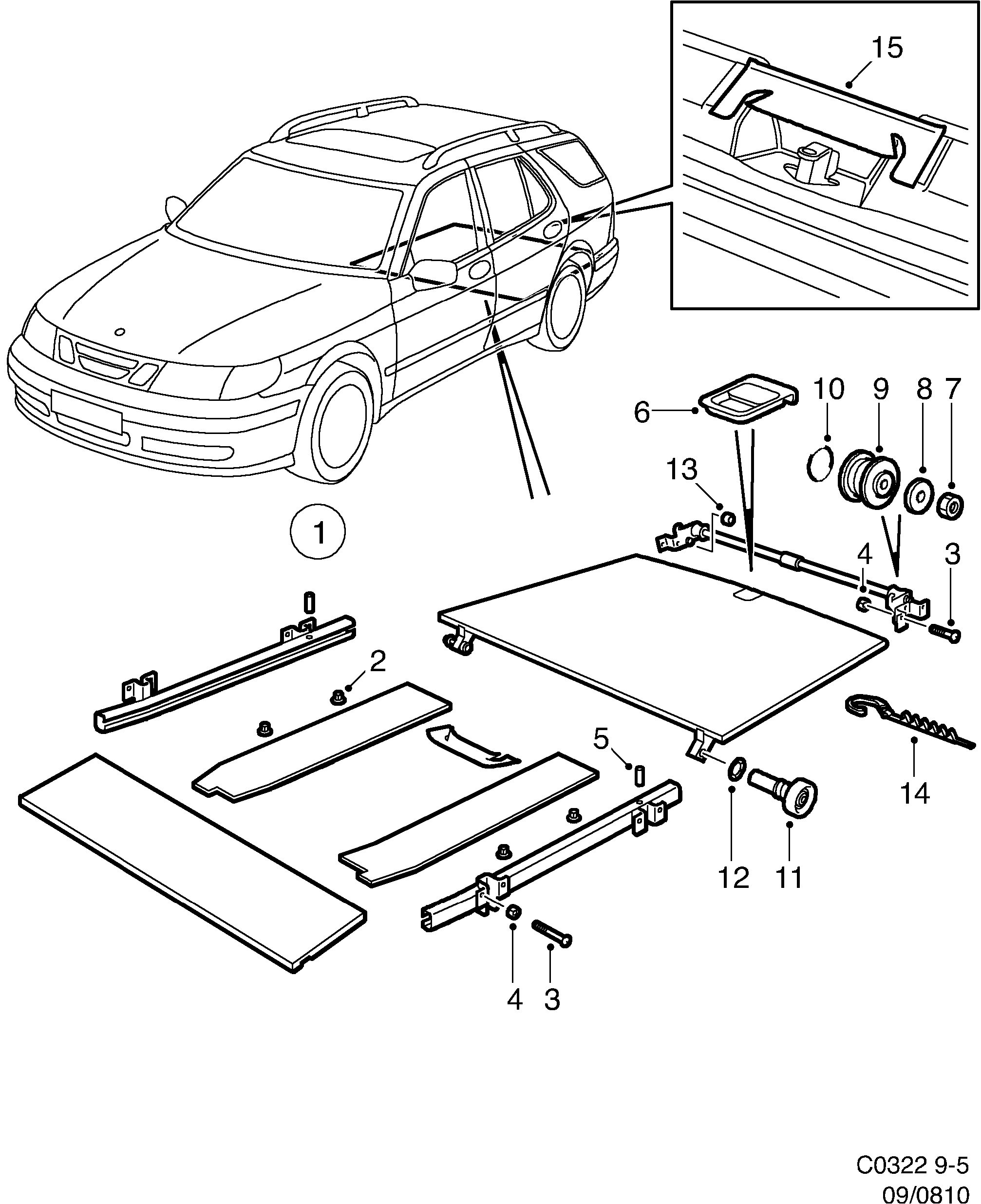 Saab 9-5 (9600) Trunk Sliding floor diagram