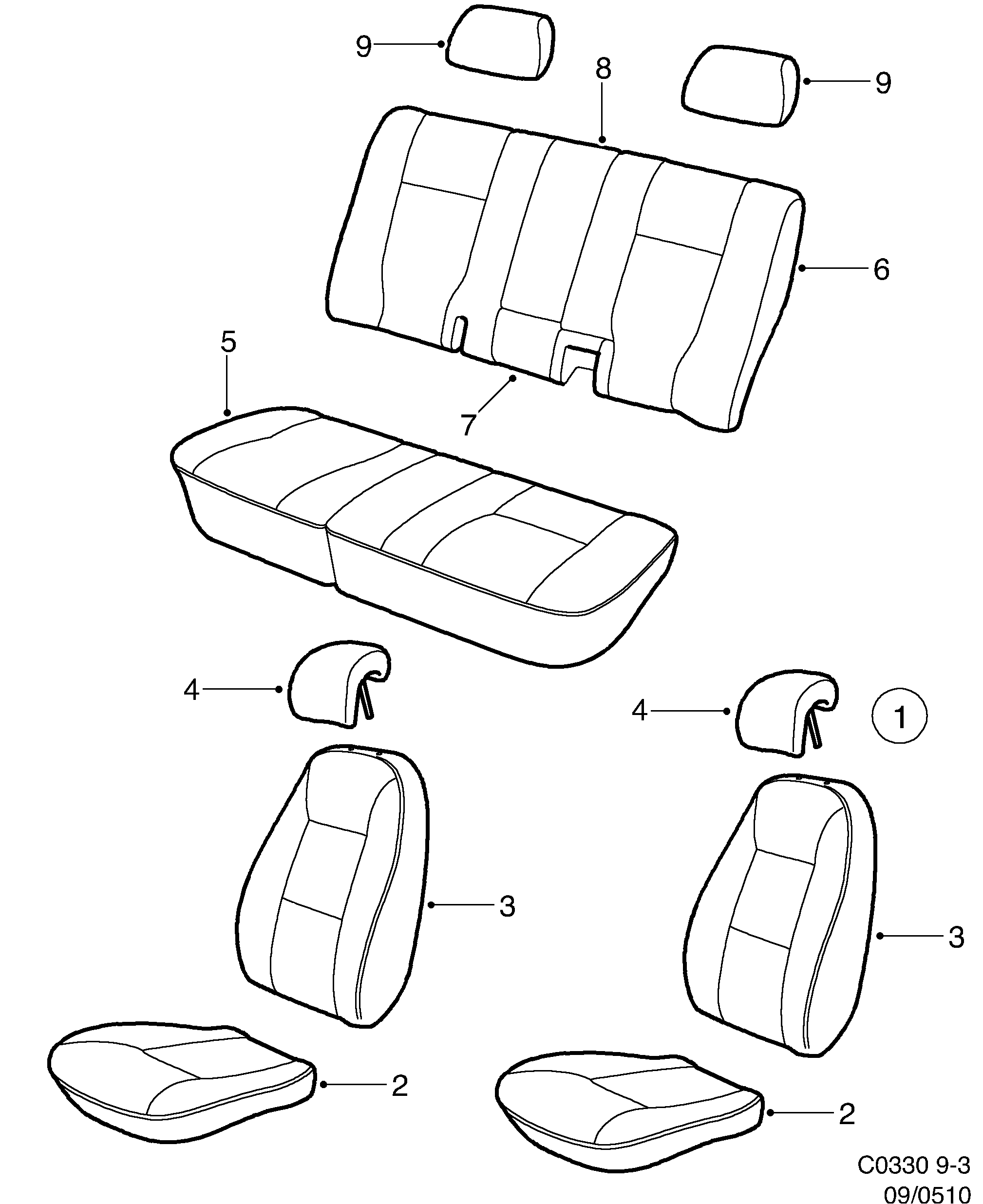 Saab 9-3 (9400) Leather trim diagram