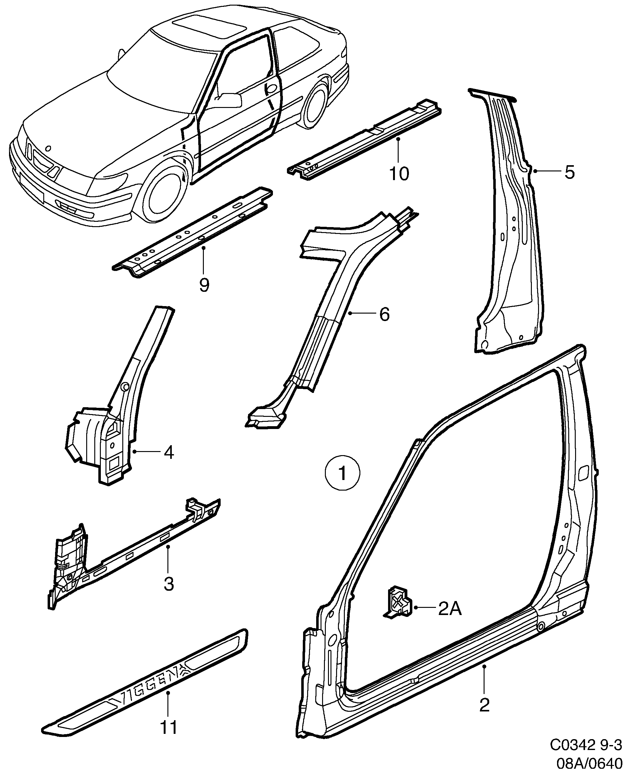 Saab 9-3 (9400) Door frame diagram