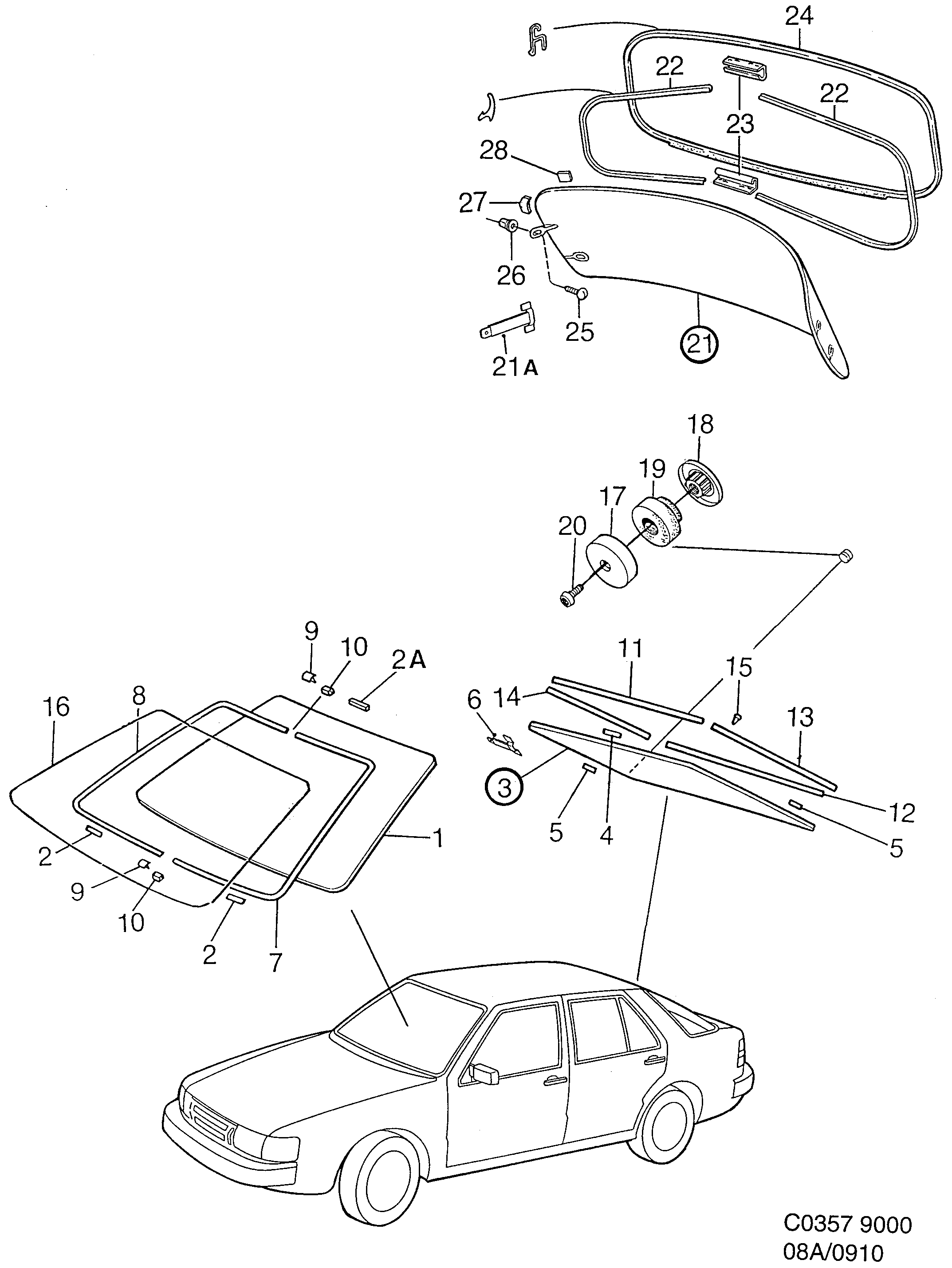 Saab 9000 Windscreen, rear window diagram