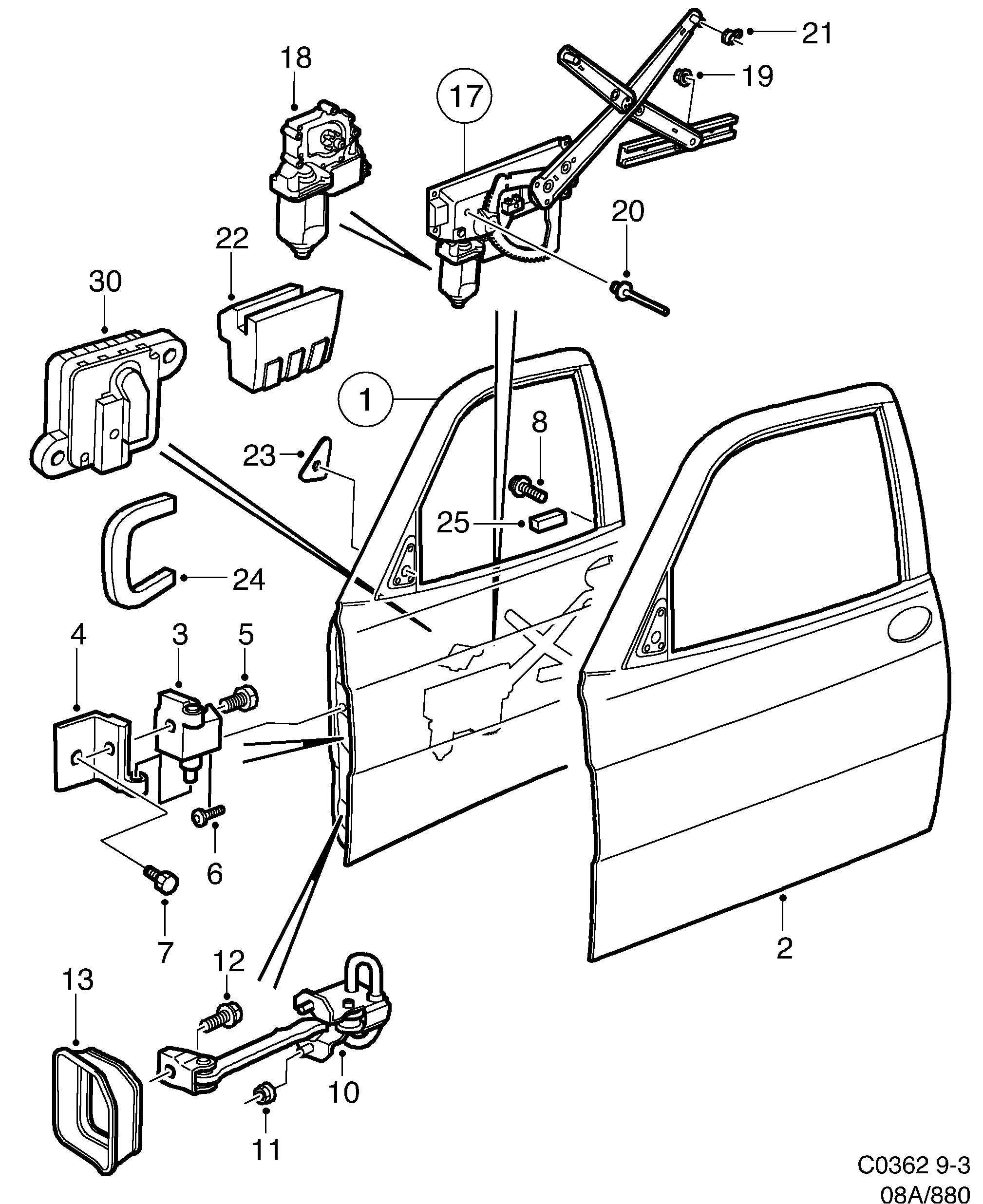 Saab 9-3 (9400) Front door Window regulator diagram