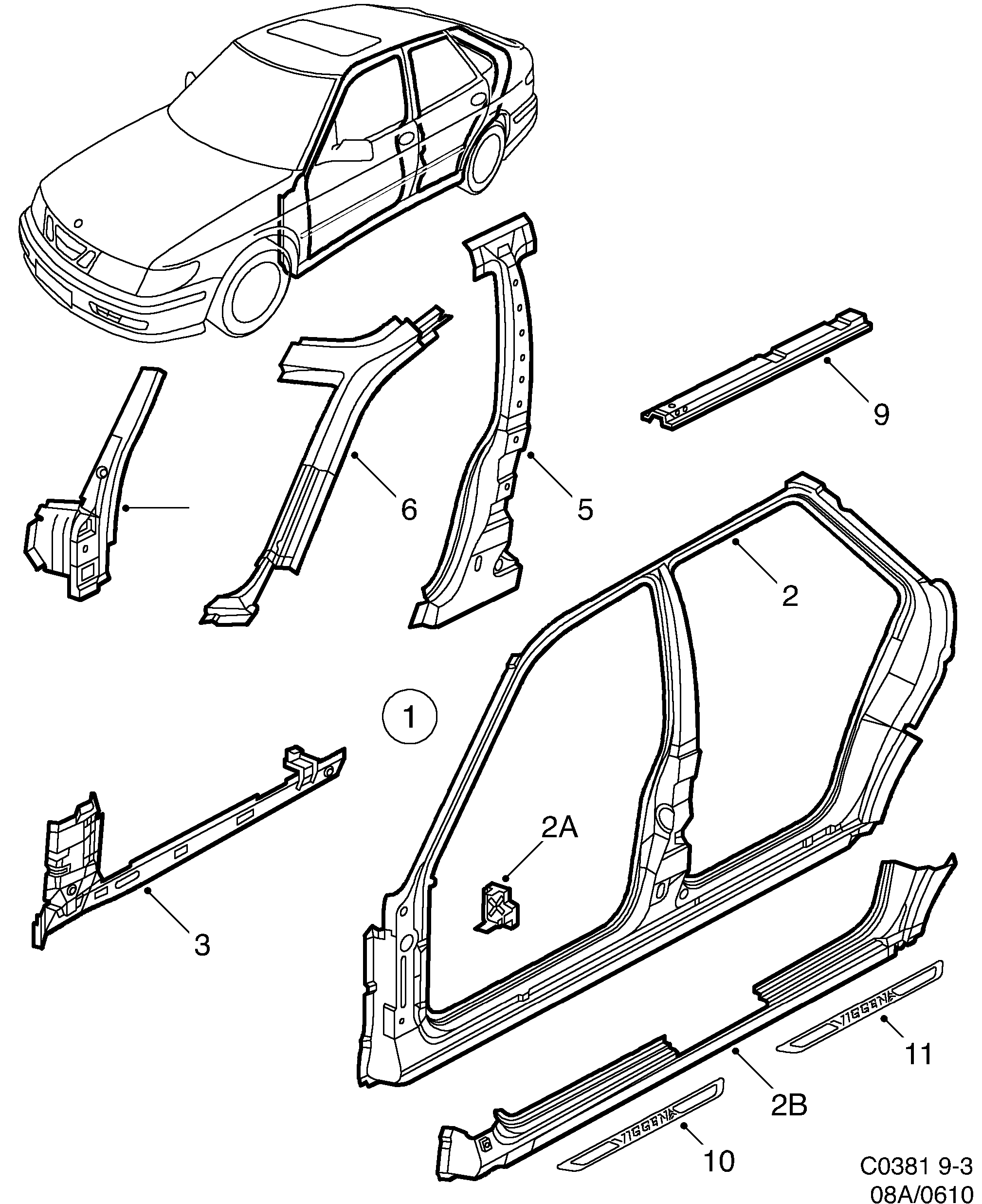Saab 9-3 (9400) Door frame diagram