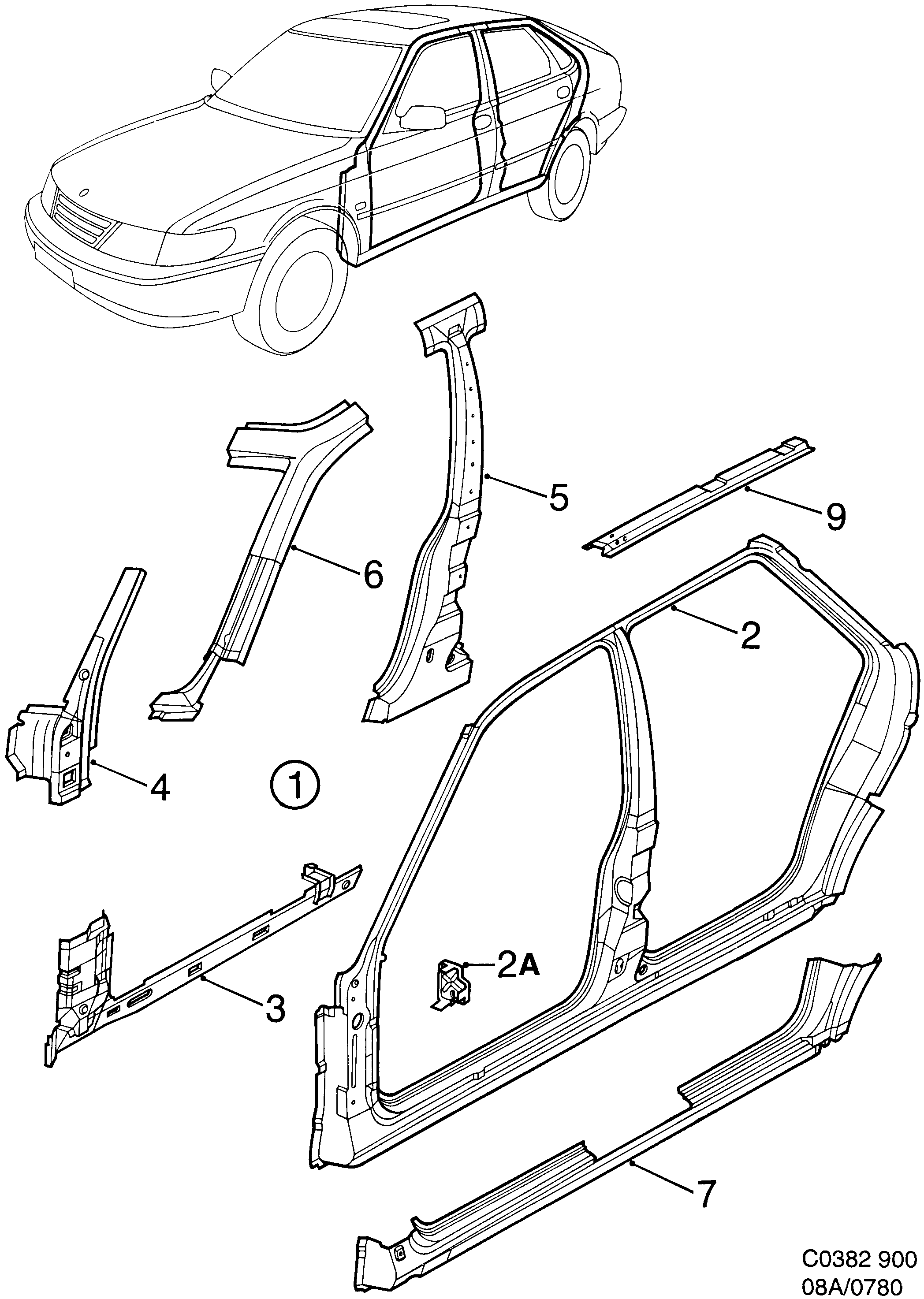 Saab 900 Door frame diagram
