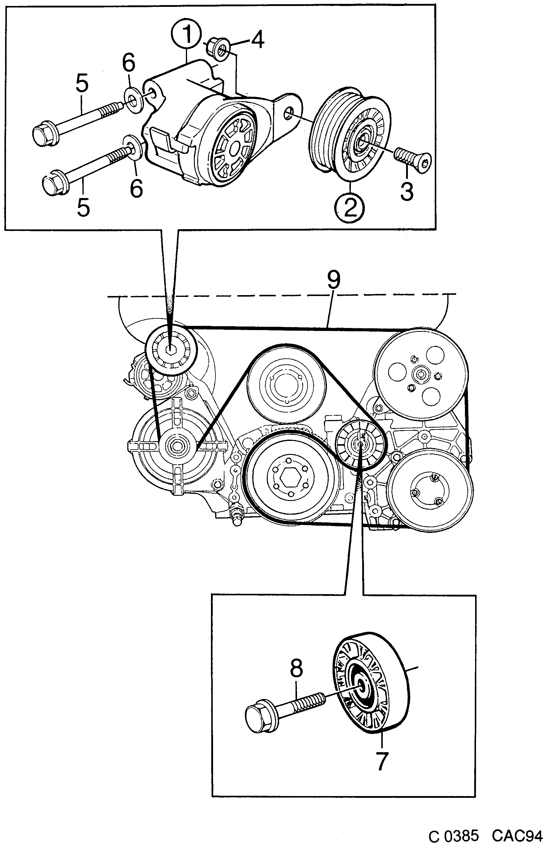 Saab 9000 Belt tensioner 6-cylinder diagram