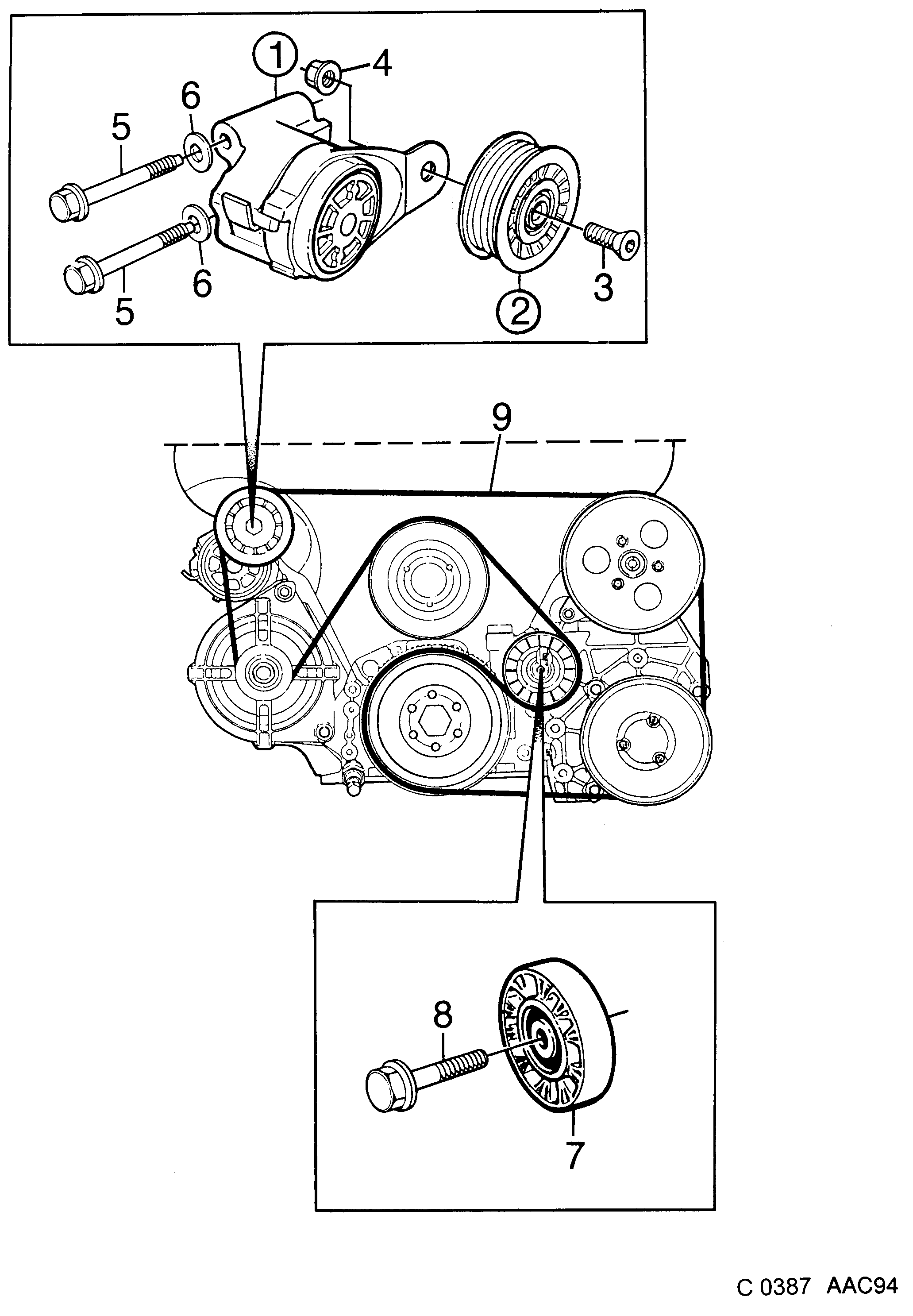 Saab 900 Belt tensioner diagram