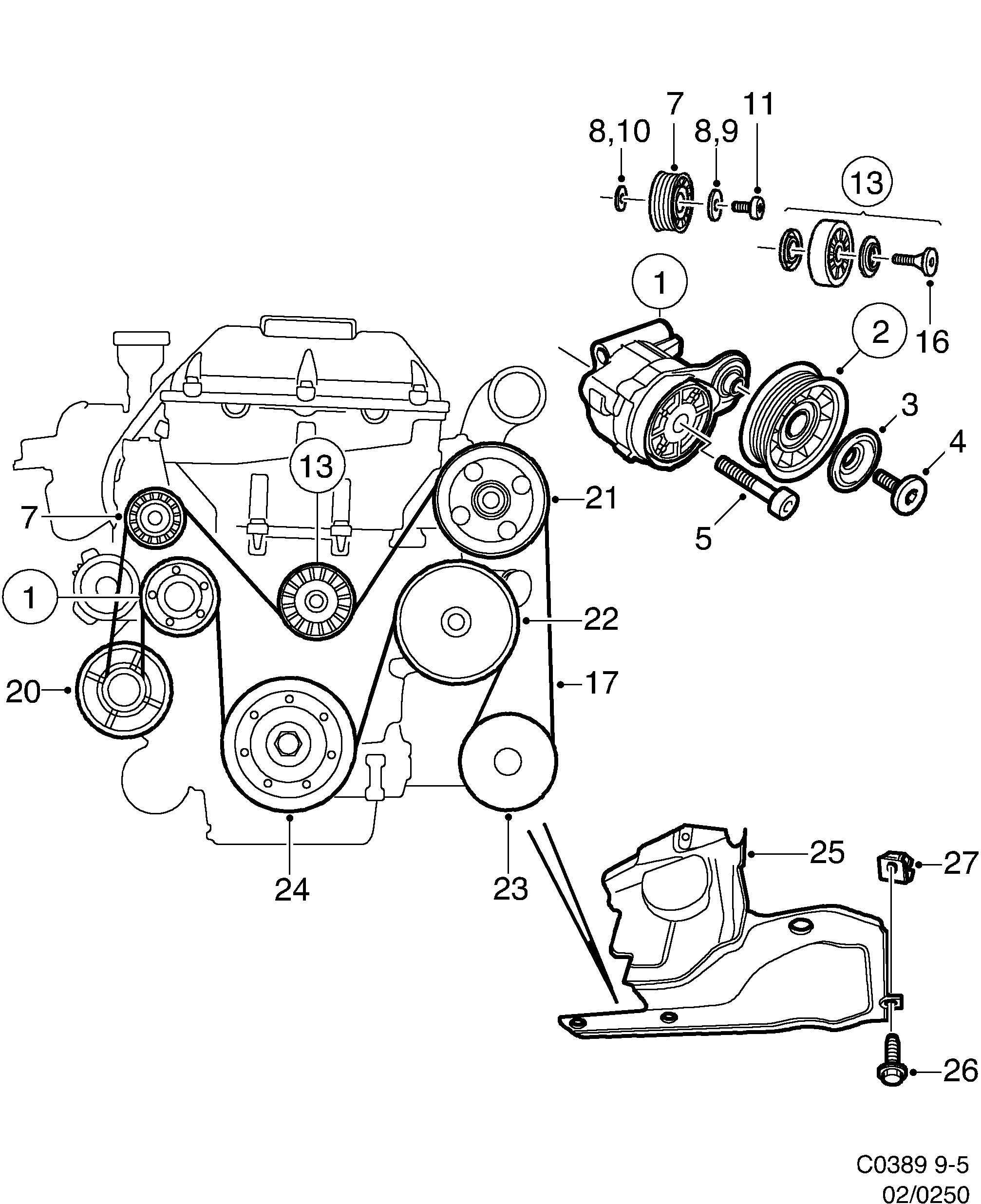 Saab 9-5 (9600) Belt tensioner diagram