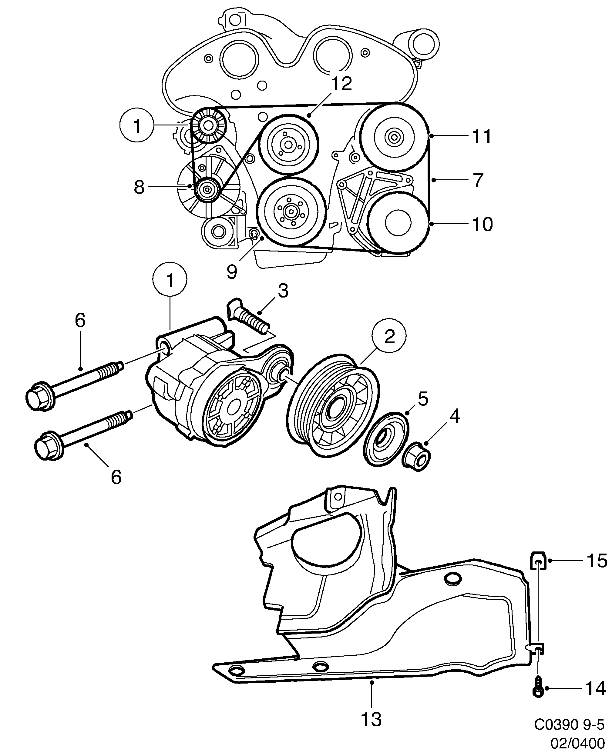 Saab 9-5 (9600) Belt tensioner diagram