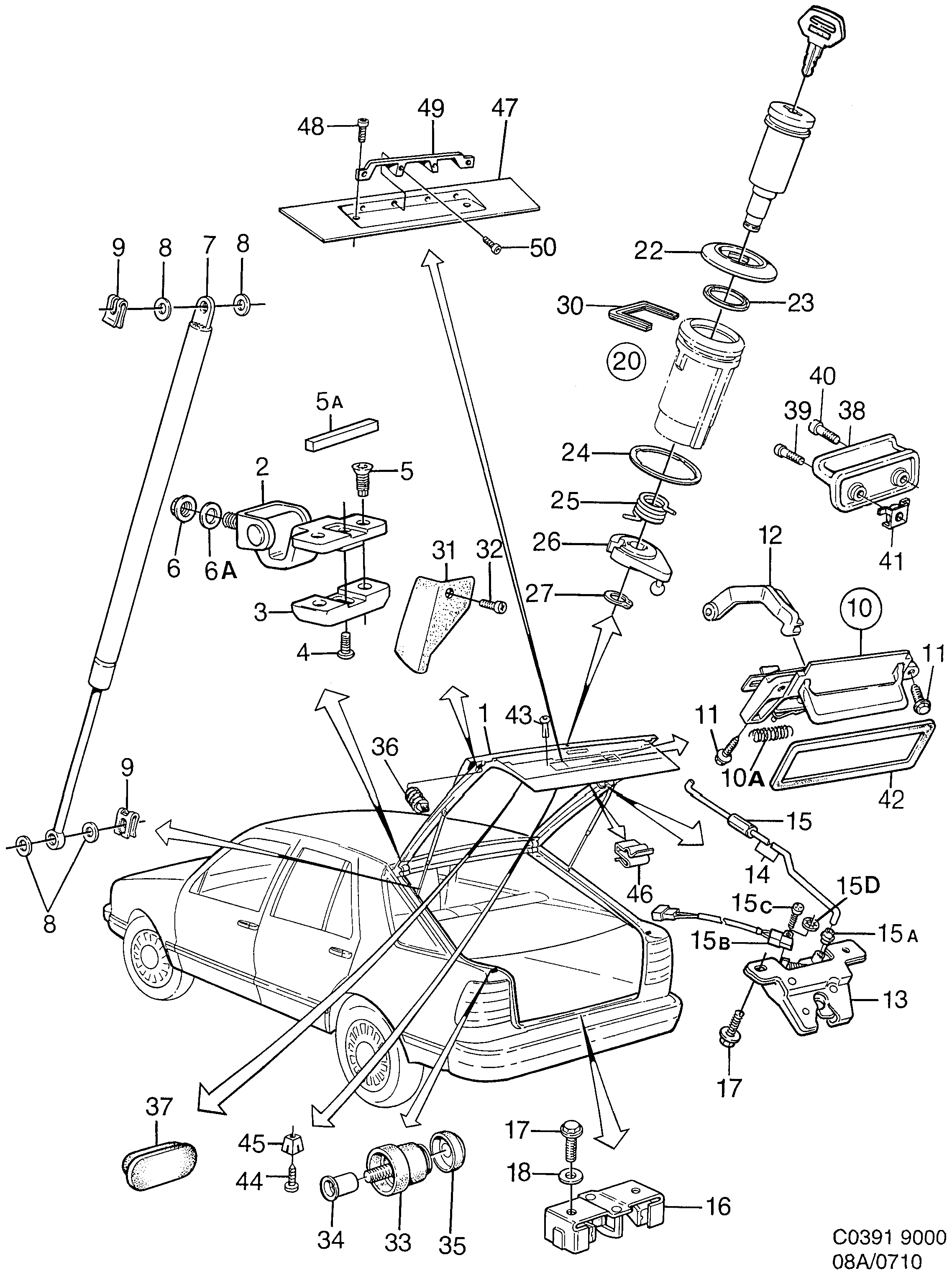 Saab 9000 Trunk door, hinges lock diagram