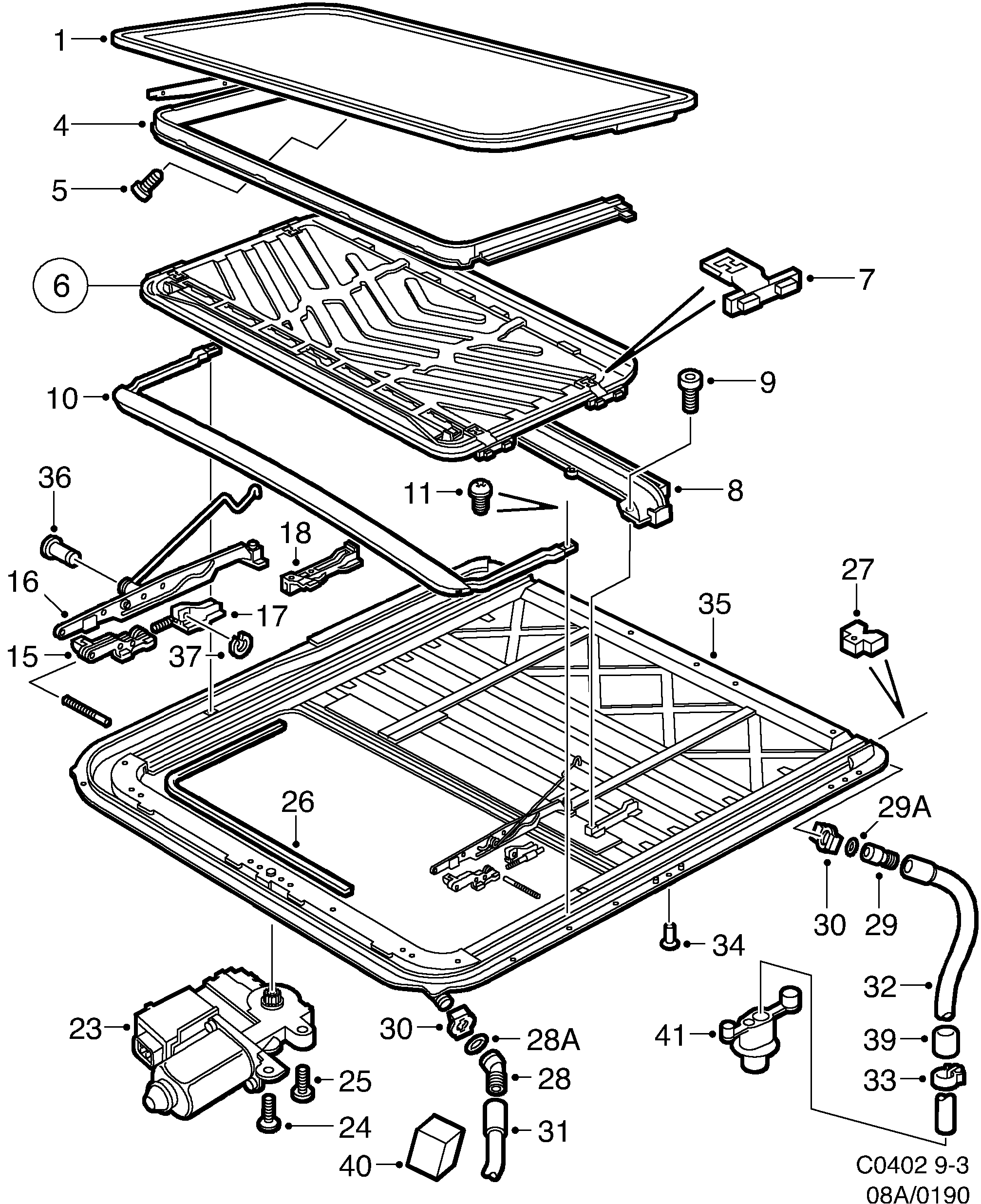 Saab 9-3 (9400) Sun roof diagram