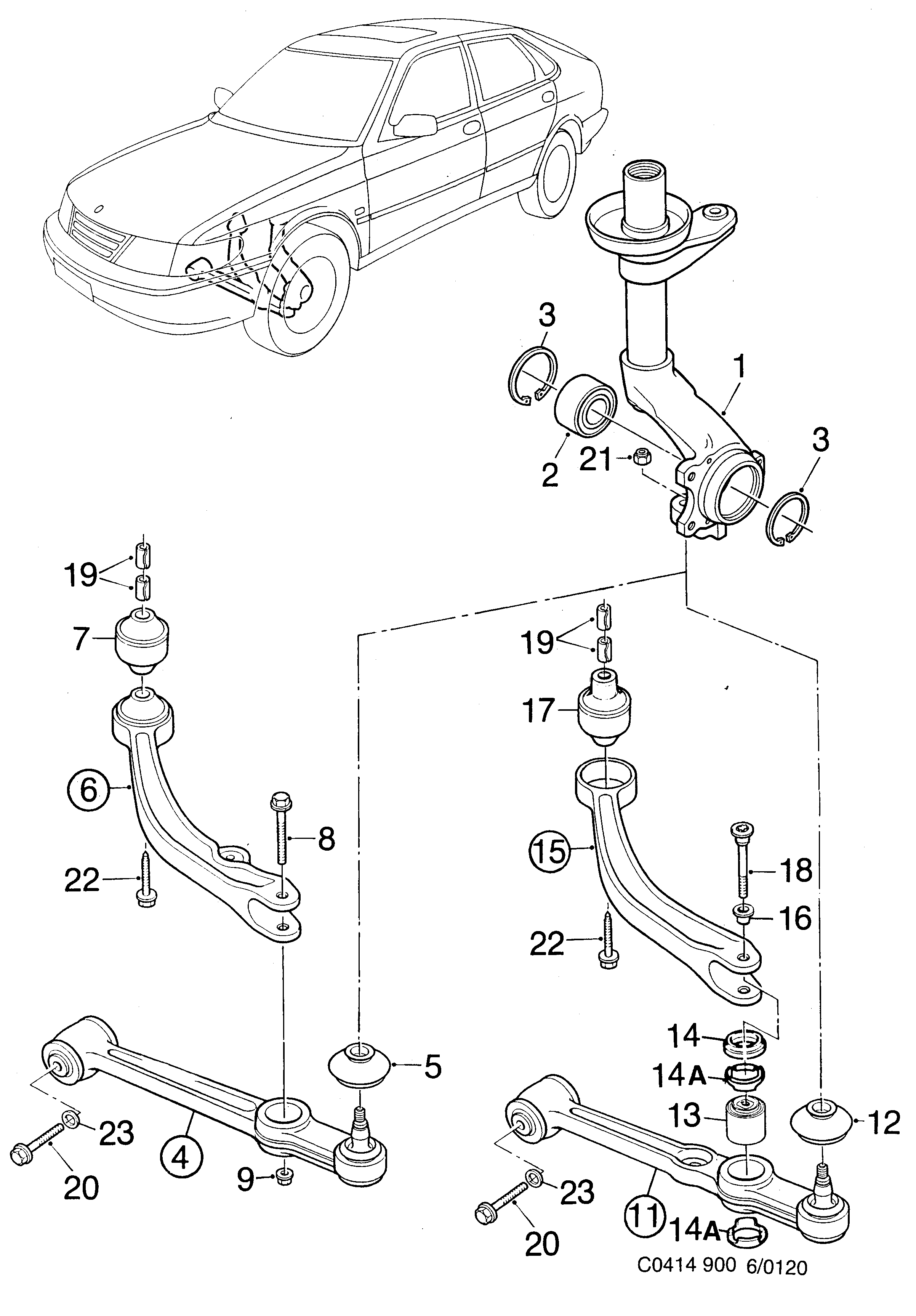 Saab 900 Front wheel suspension diagram