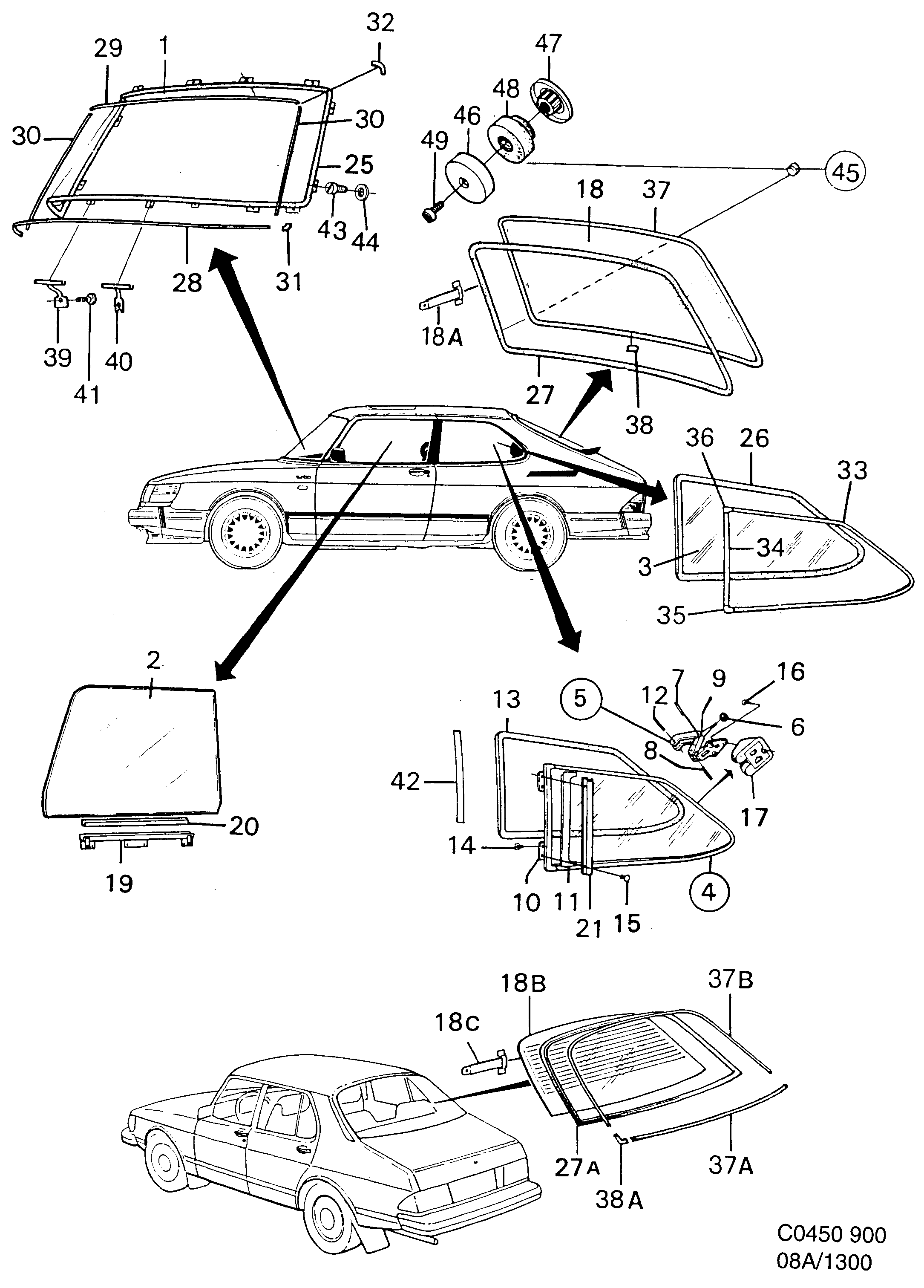 Saab 900 Glass, sealings diagram
