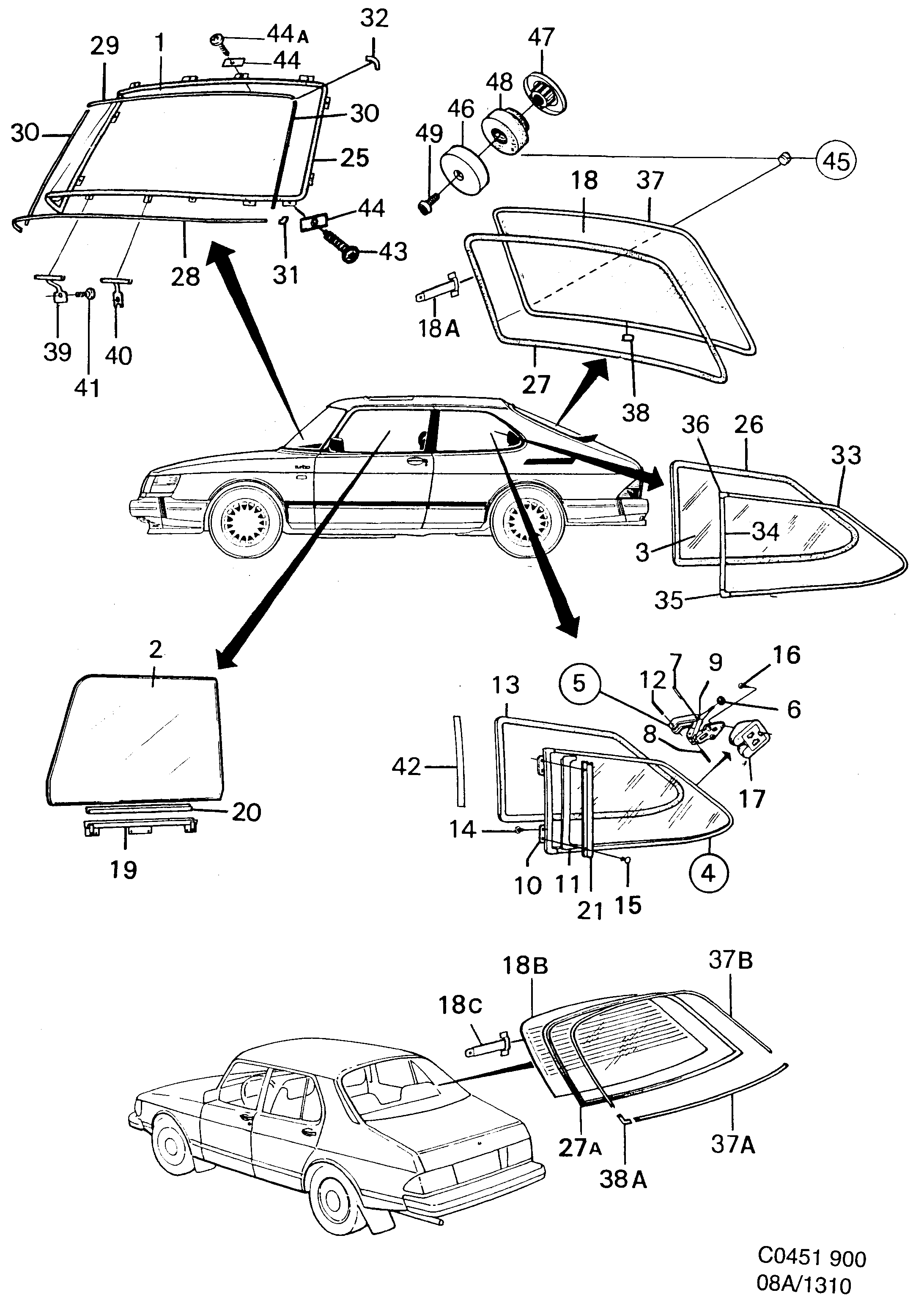 Saab 900 Glass, sealings diagram