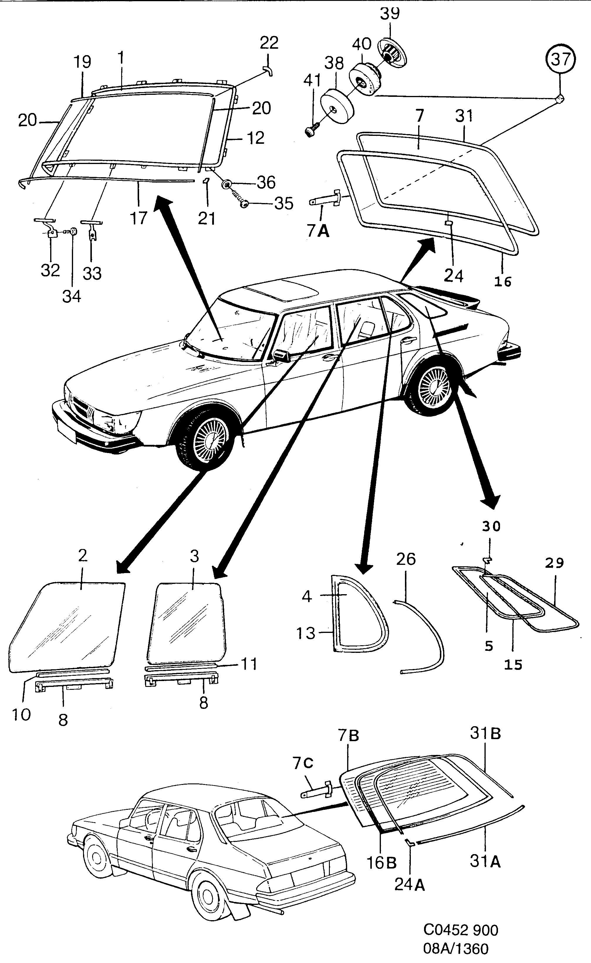 Saab 900 Glass, sealings diagram