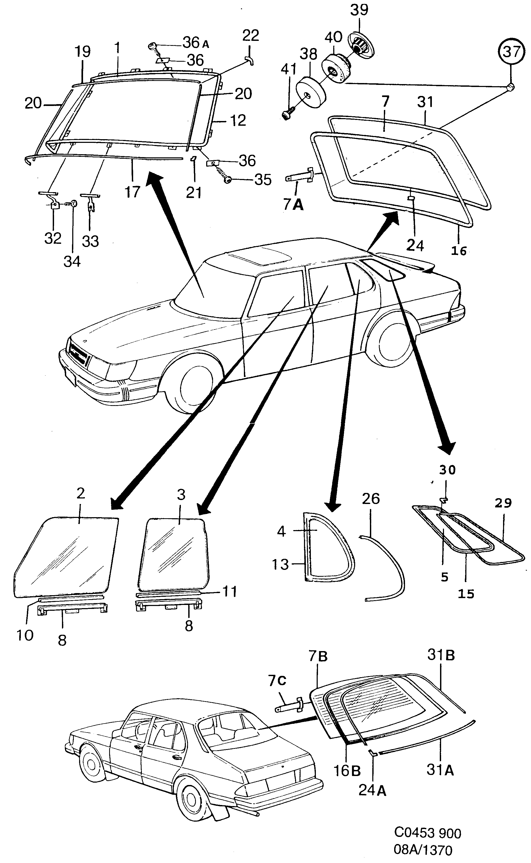 Saab 900 Glass, sealings diagram