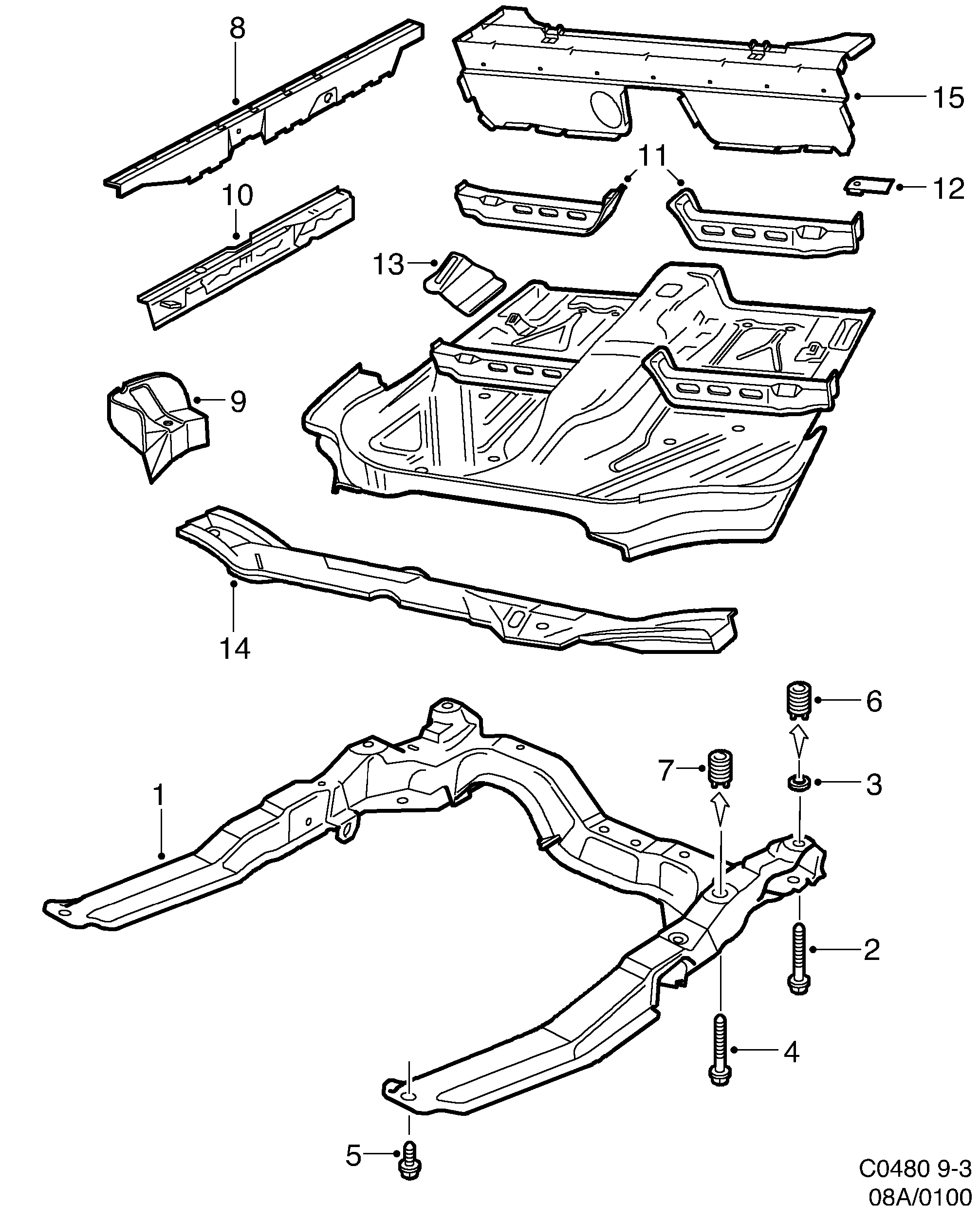 Saab 9-3 (9400) Front and centre floor diagram