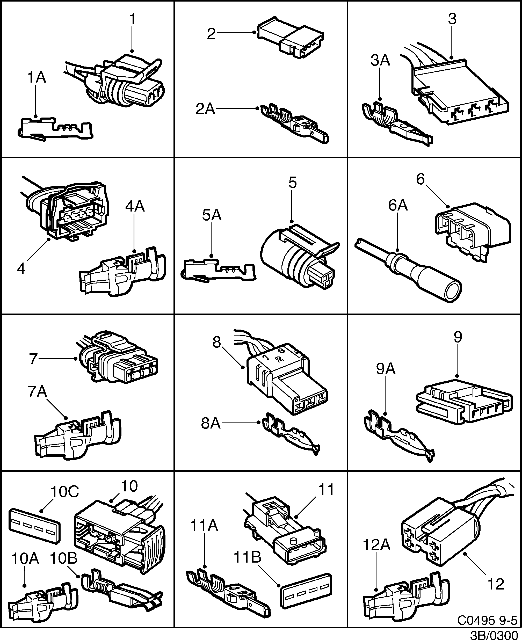 Saab 9-5 (9600) Connector housing etc 2-pin-4-pin diagram
