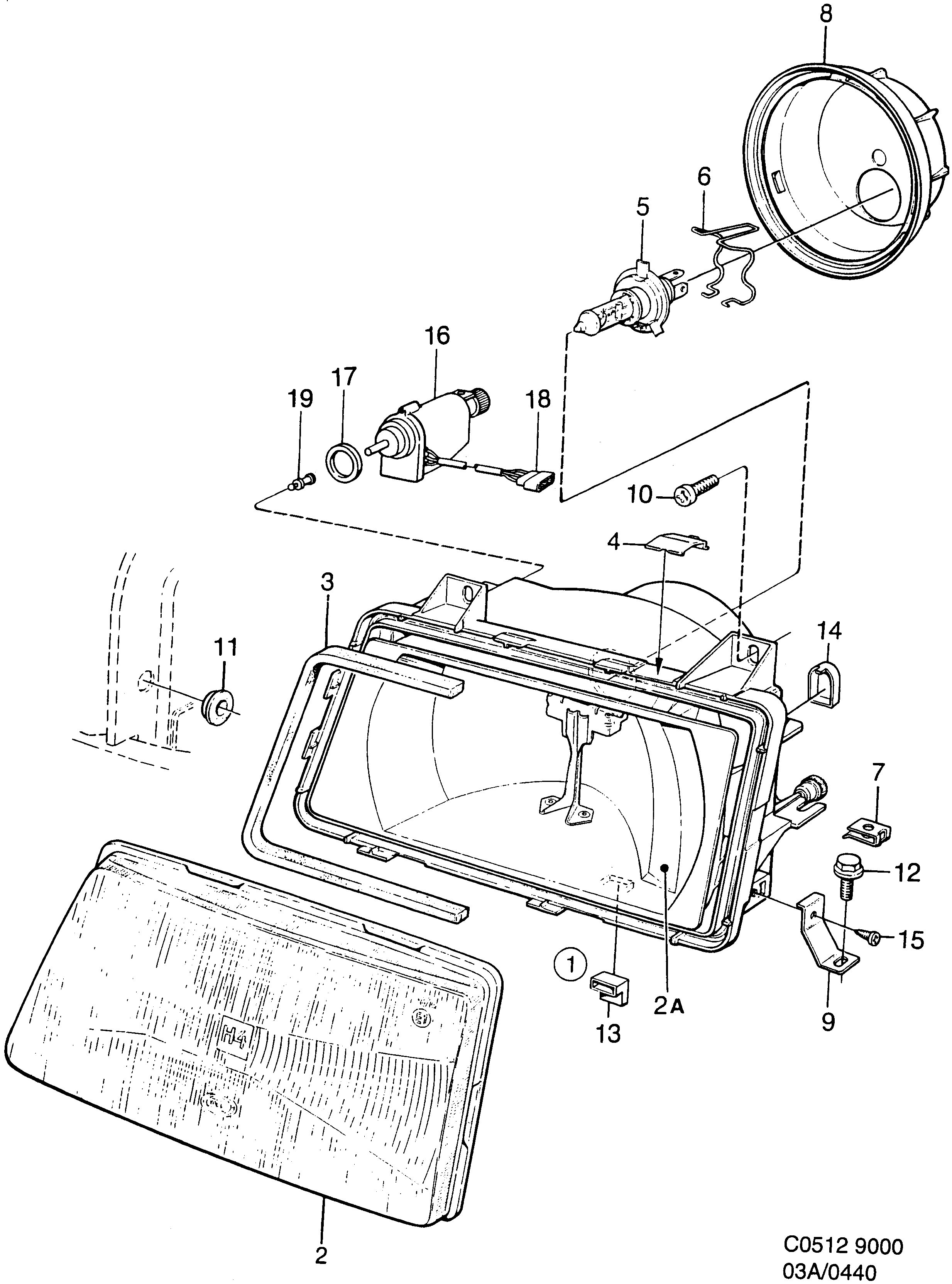 Saab 9000 Headlamp diagram