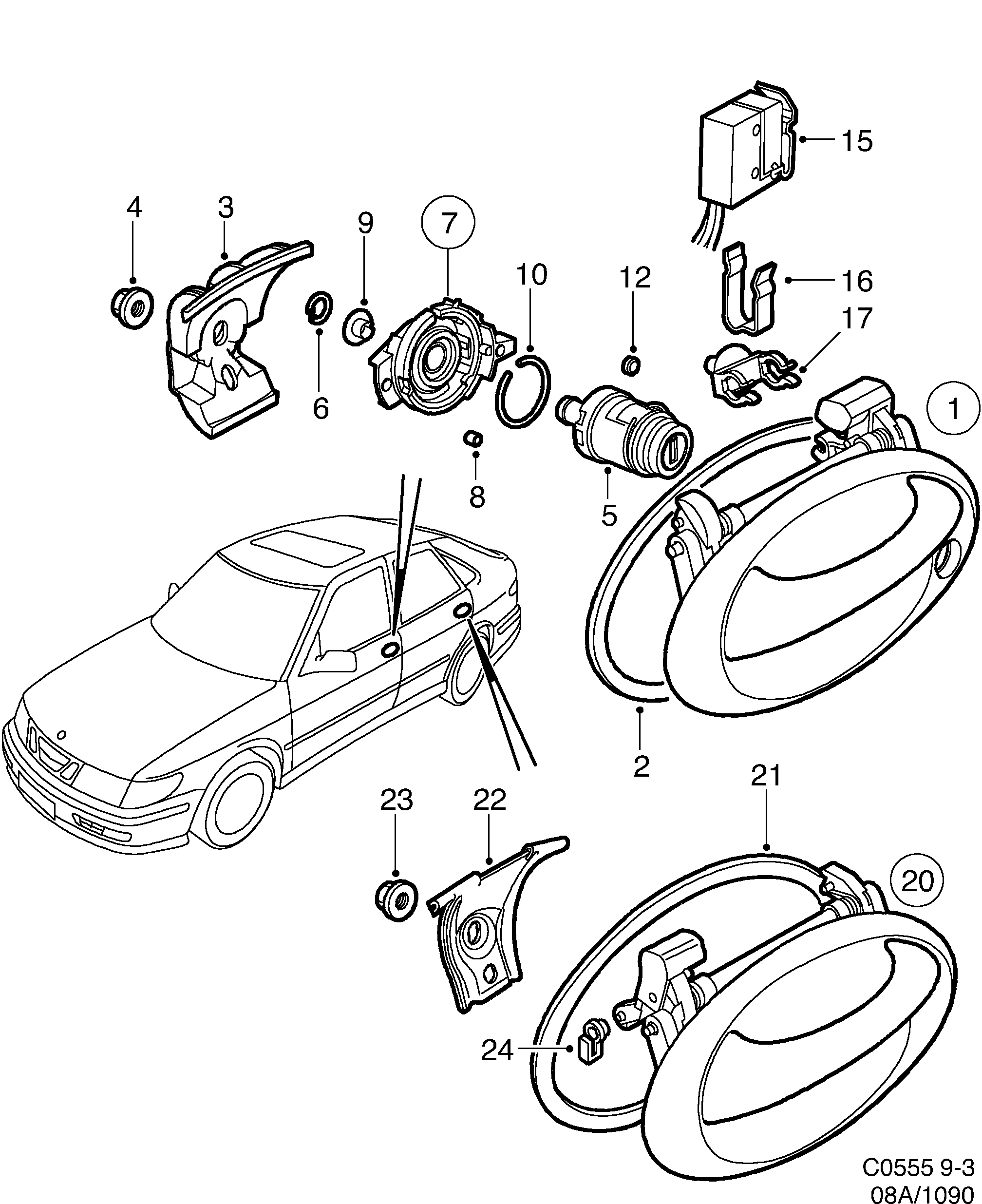 Saab 9-3 (9400) Outside handle diagram