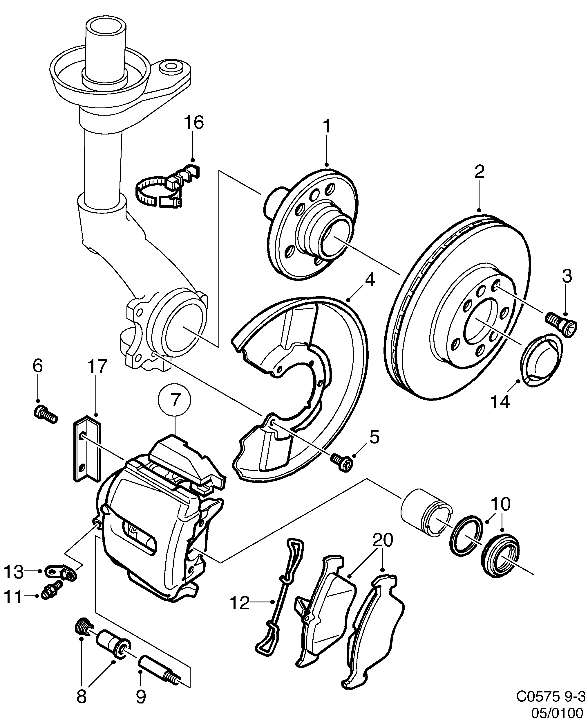 Saab 9-3 (9400) Front wheel brake diagram