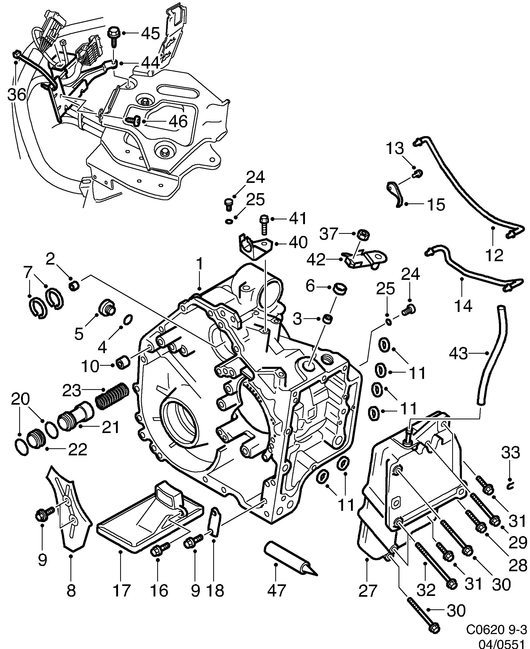 Saab 9-3 (9400) Gear box case, cover diagram
