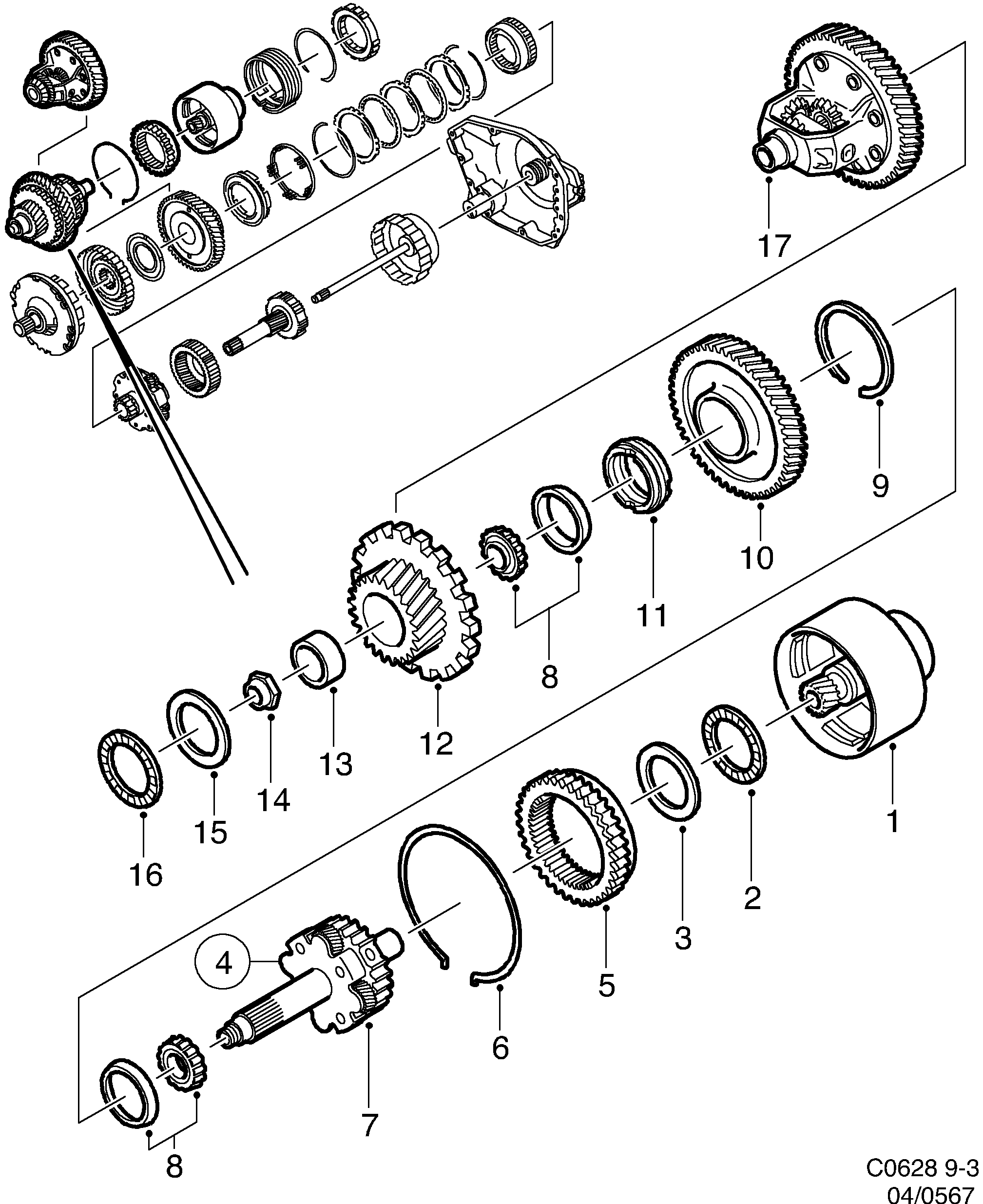 Saab 9-3 (9400) Output shaft Planetary gear diagram