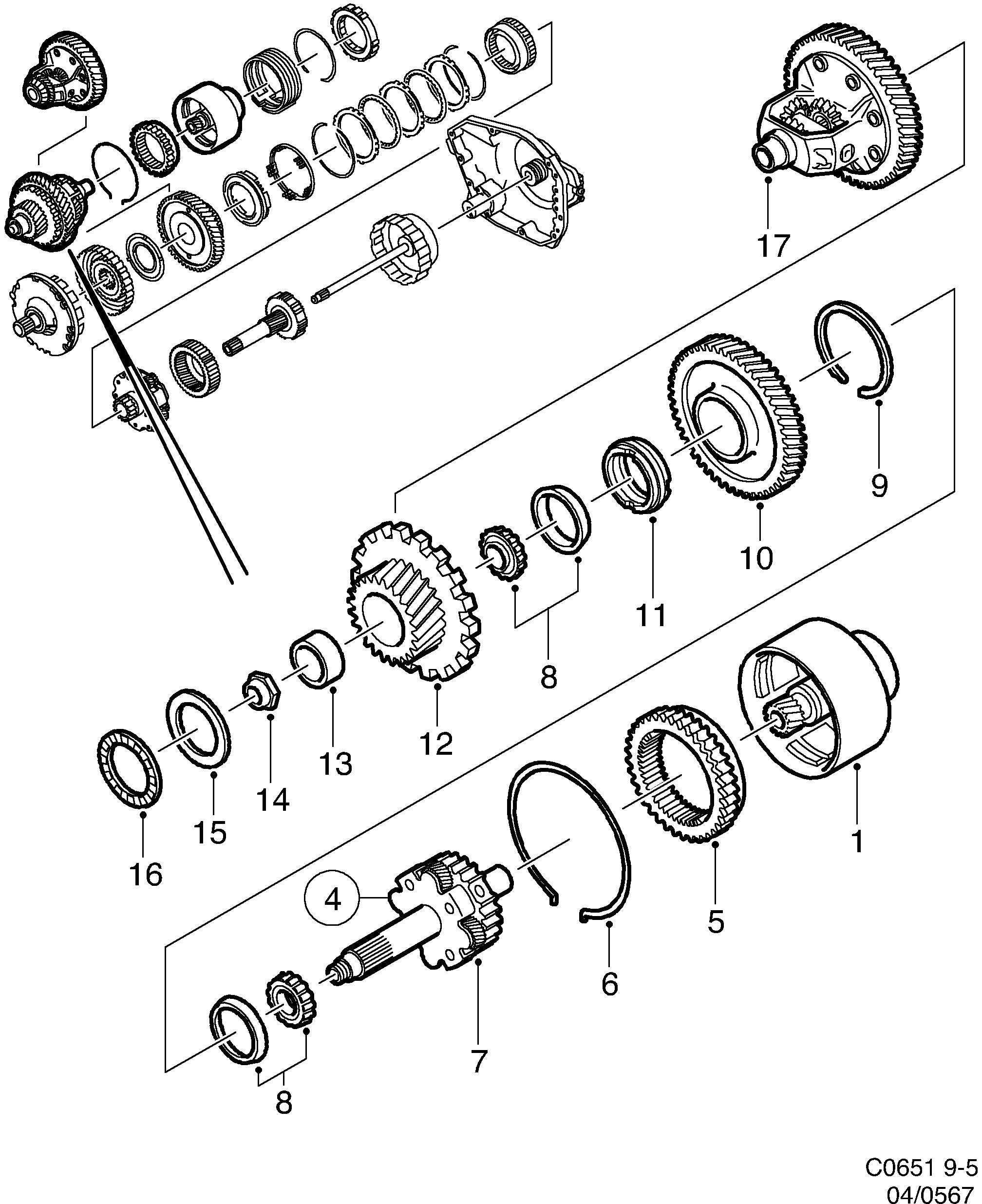 Saab 9-5 (9600) Output shaft Planetary gear diagram