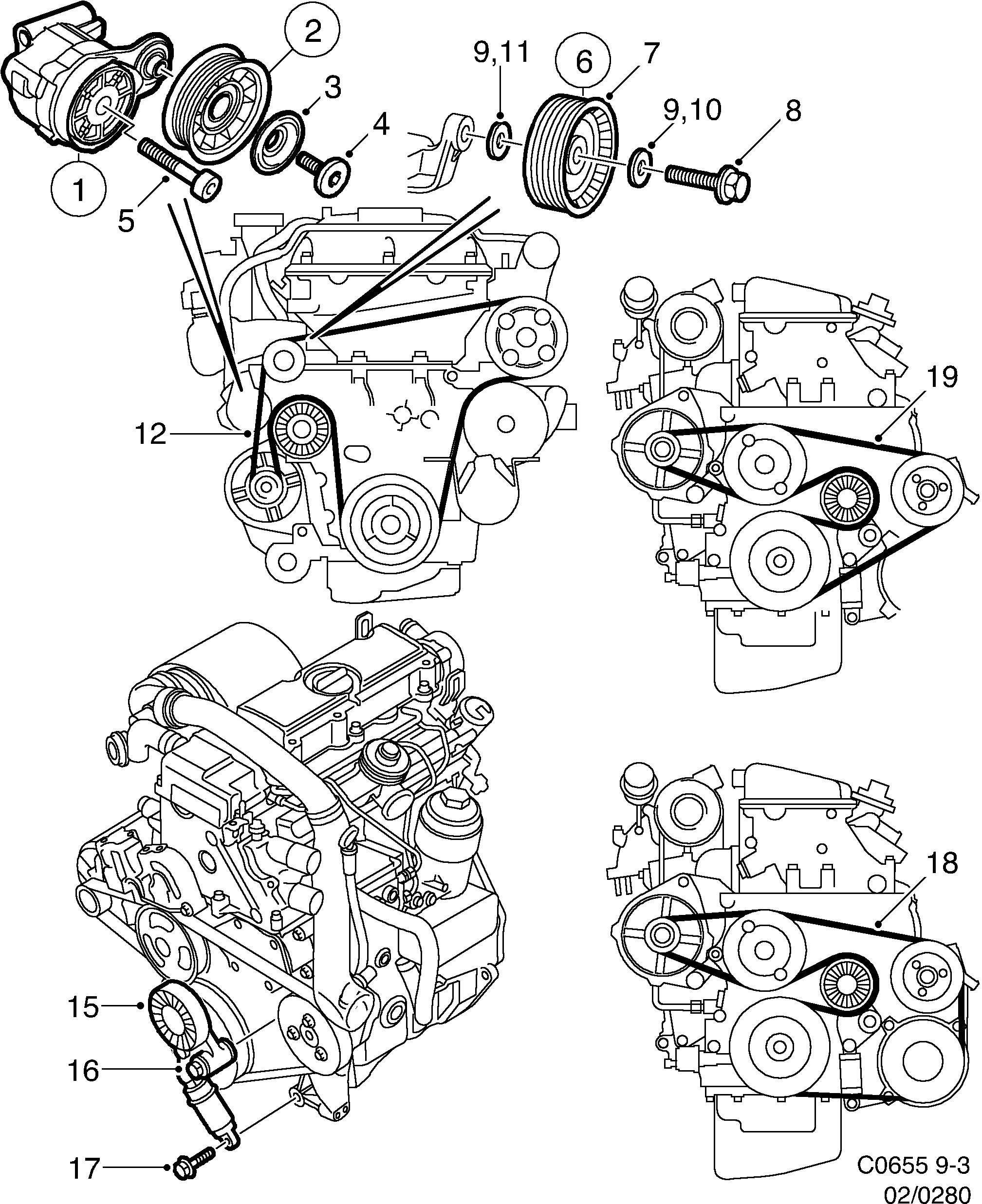 Saab 9-3 (9400) Belt tensioner diagram