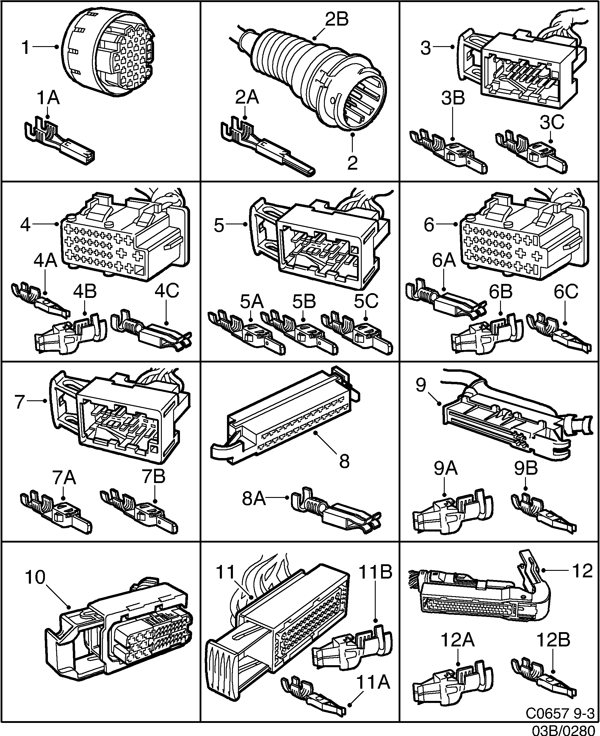 Saab 9-3 (9400) Connector housing etc 27-pin-70-pin diagram